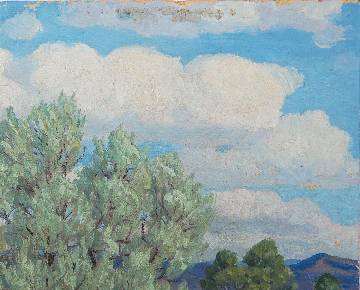 Paysage de western impressionniste abstrait vert, jaune et bleu de l'artiste texan Fred Darge. Le tableau représente un désert aride avec un énorme buisson de sauge du désert sur un paysage montagneux avec des nuages couverts. Signé par l'artiste