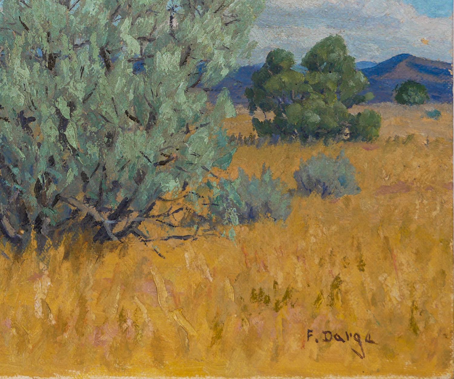 Paysage impressionniste abstrait du désert occidental vert, jaune et bleu en vente 2