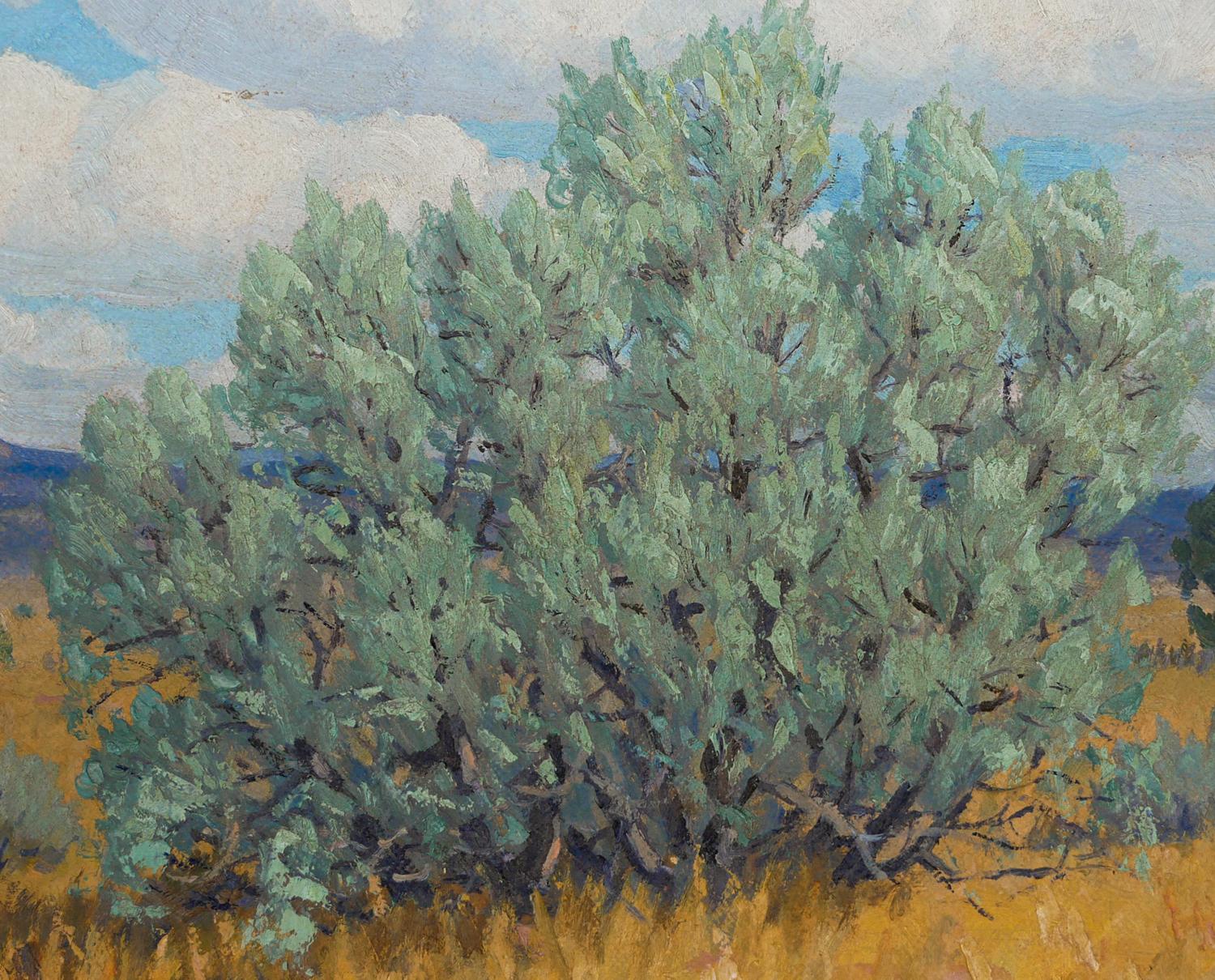 Paysage impressionniste abstrait du désert occidental vert, jaune et bleu en vente 3