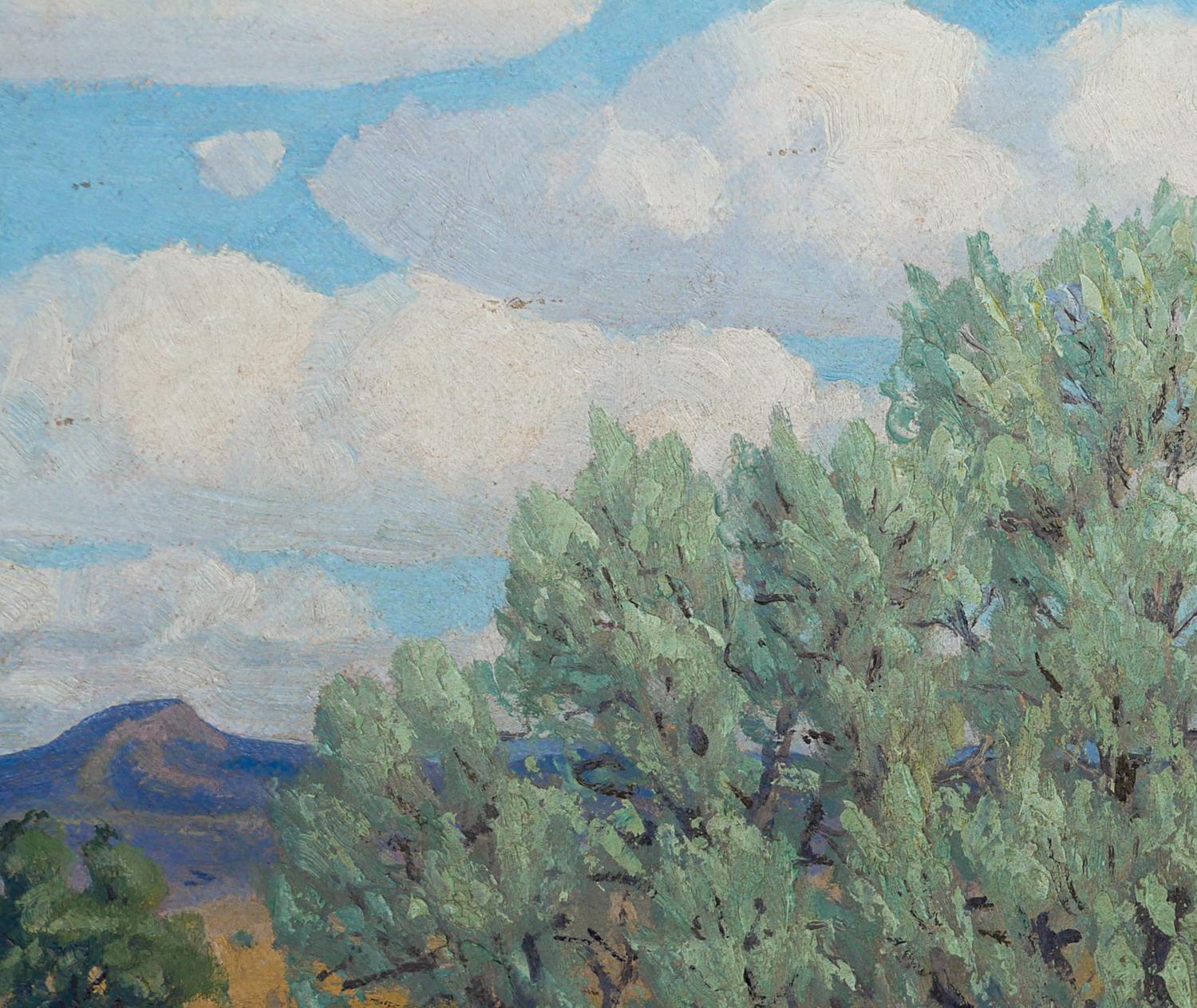 Paysage impressionniste abstrait du désert occidental vert, jaune et bleu en vente 4