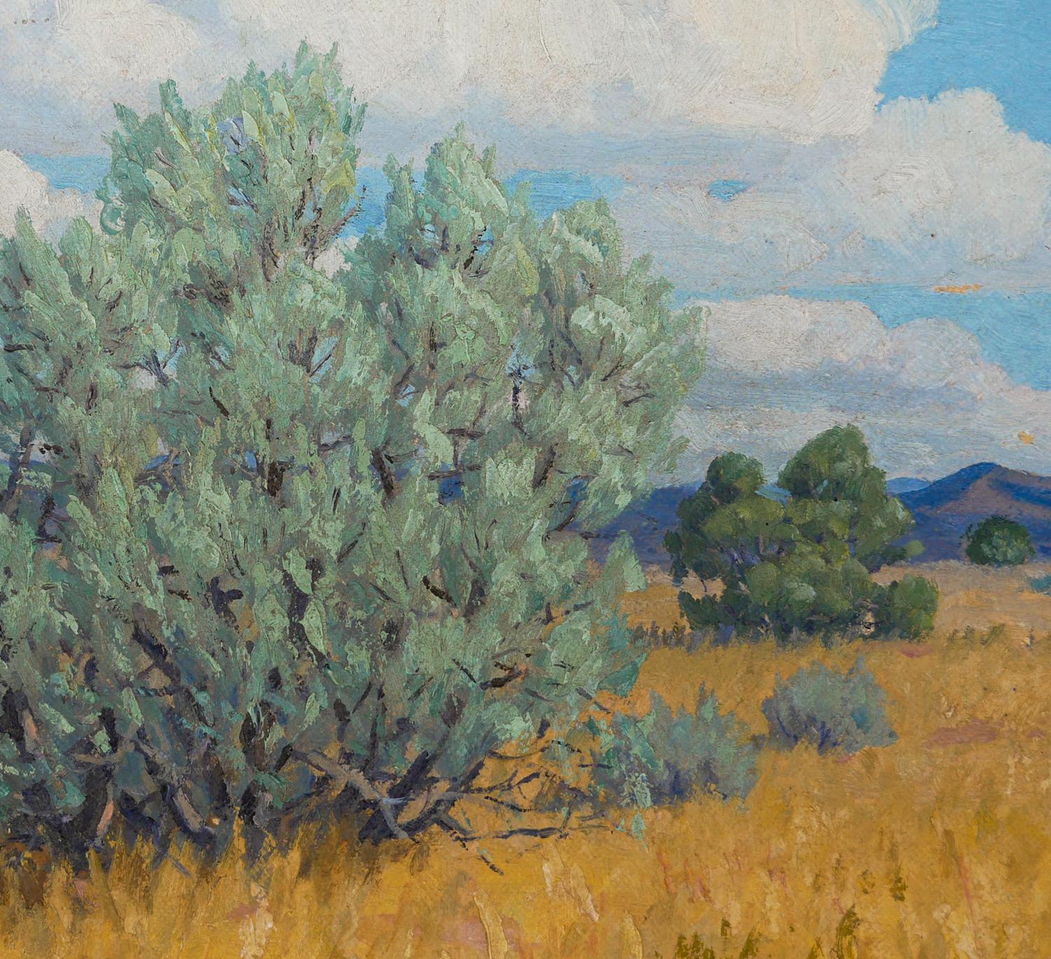 Paysage impressionniste abstrait du désert occidental vert, jaune et bleu en vente 5