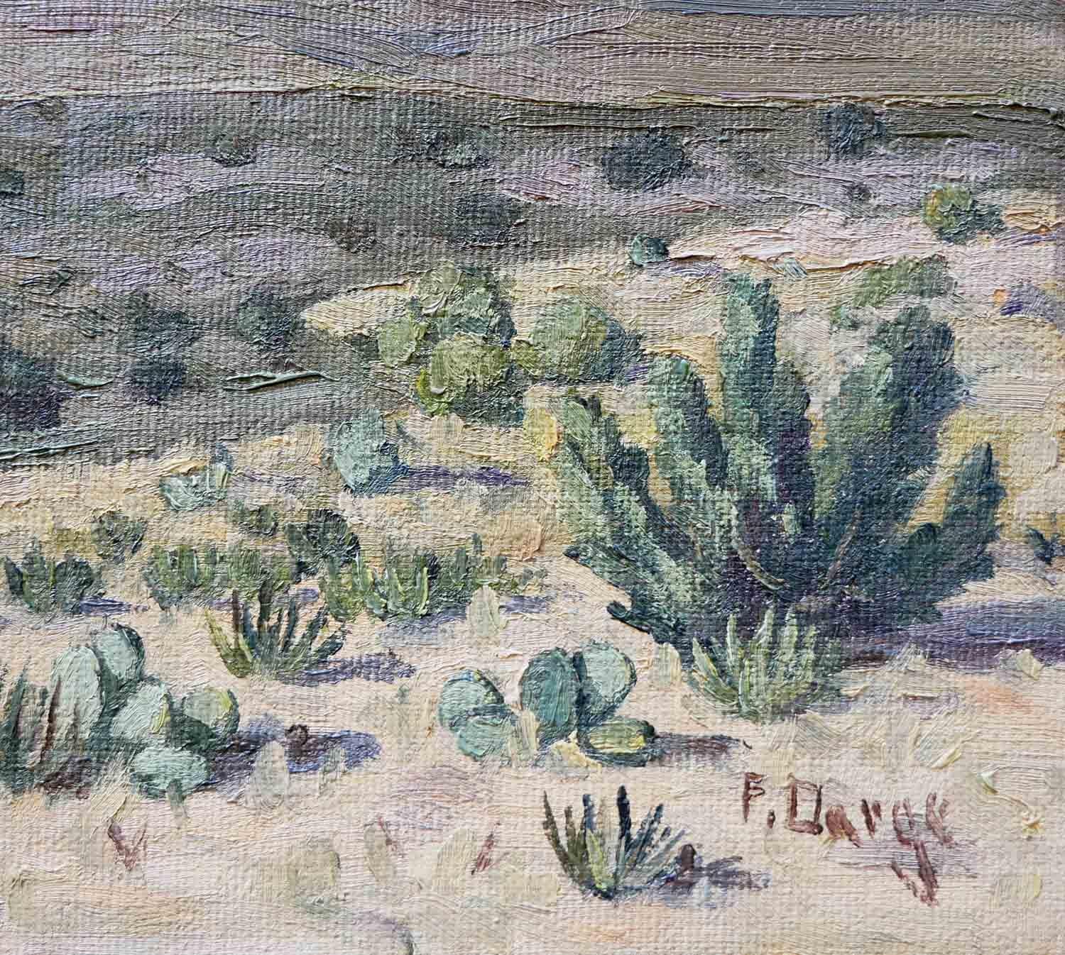 Pastel-toned abstract impressionist desert landscape by German artist Fred Darge. This painting depicts a Wichita Mountain Wildlife Refuge, a desert landscape in Oklahoma. It features a calming early morning scene with clear skies. Signed by the