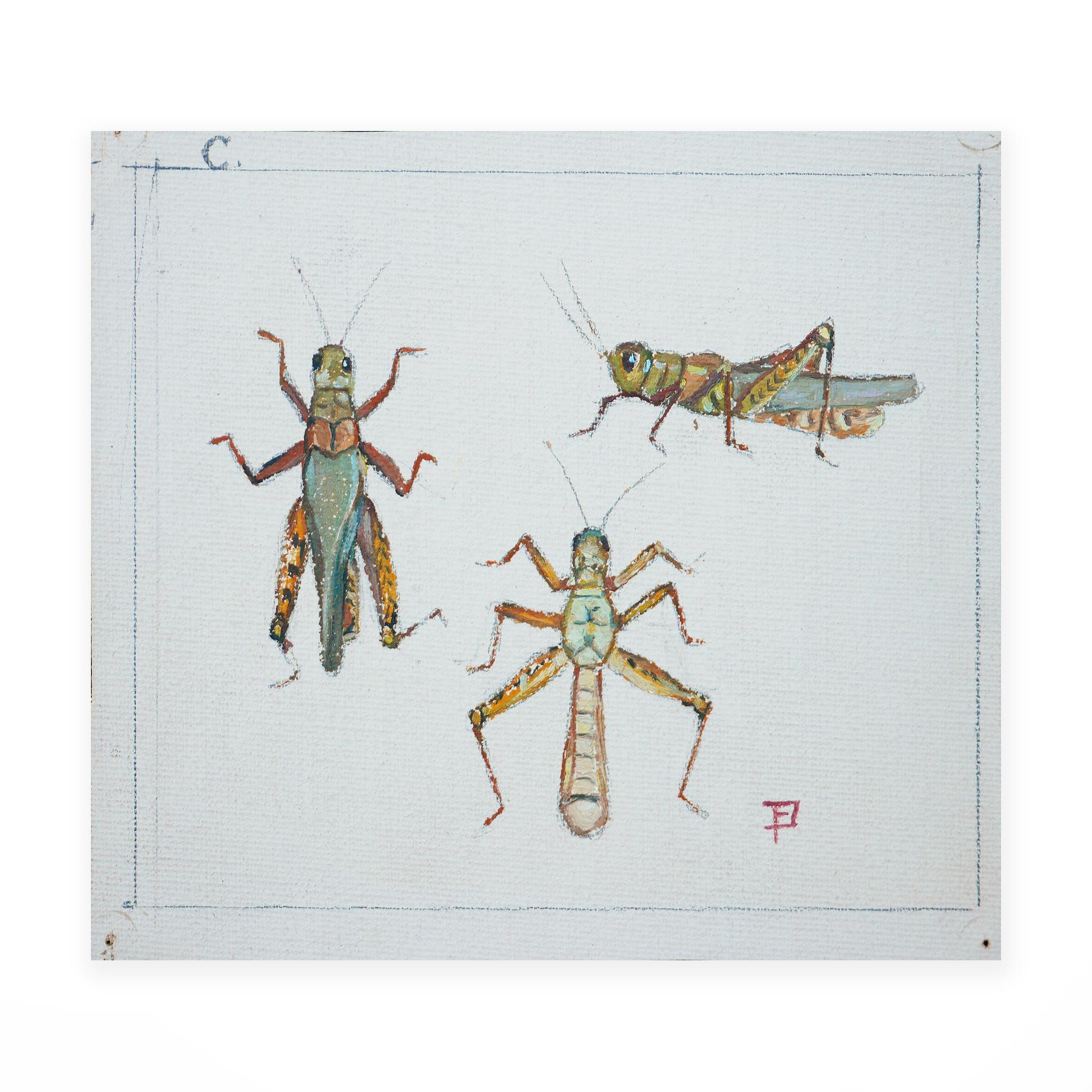 „Study of Crickets“ Grüne und braune abstrakte Aquarellillustration von Crickets (Grau), Abstract Painting, von Fred Darge