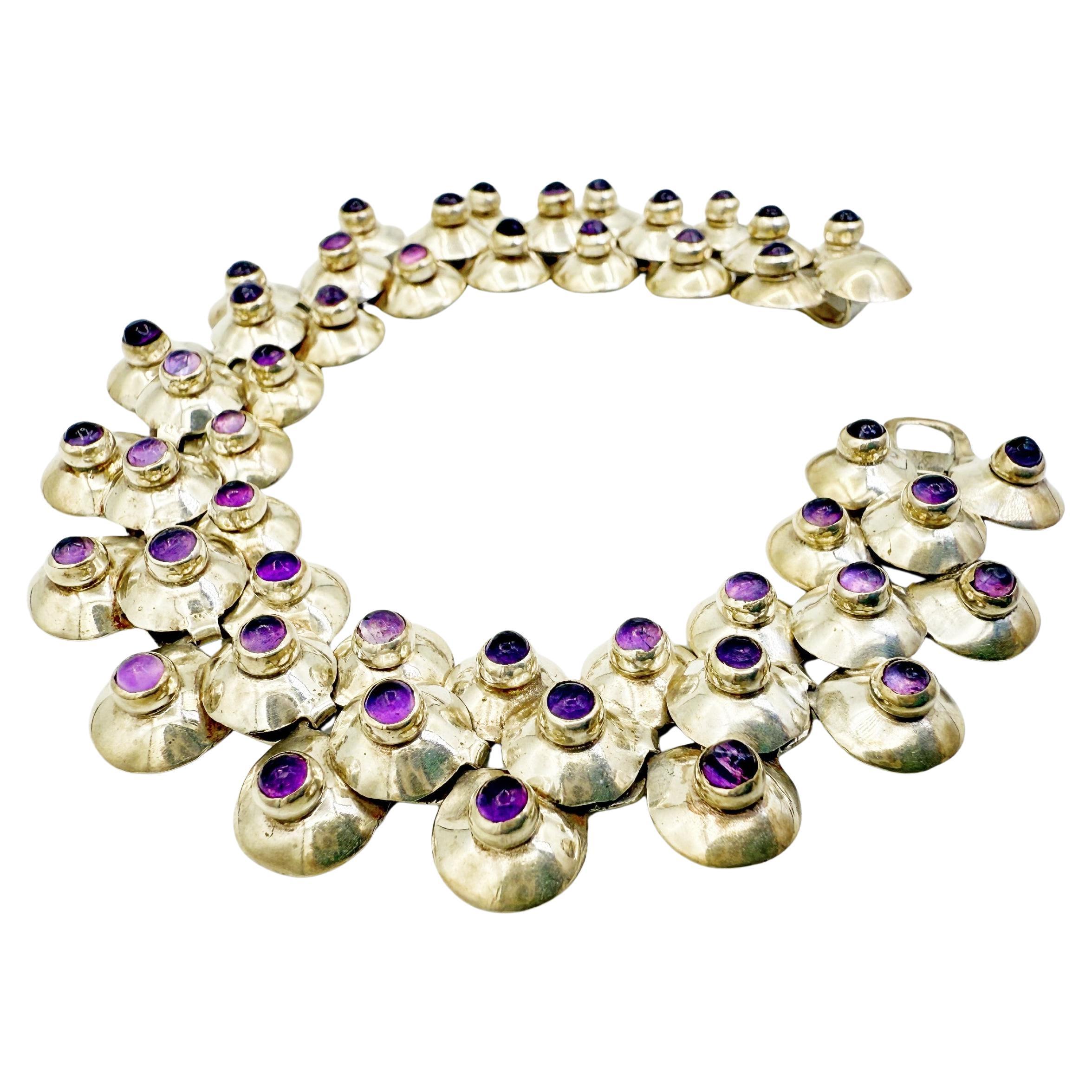 Fred Davis Bracciale in argento Taxco con cabochon di ametista, Vintage Mexican Modern