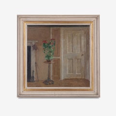 Oil on Board of an Interior Scene titled 'Behind the Door'. Artist’s Stamp Verso