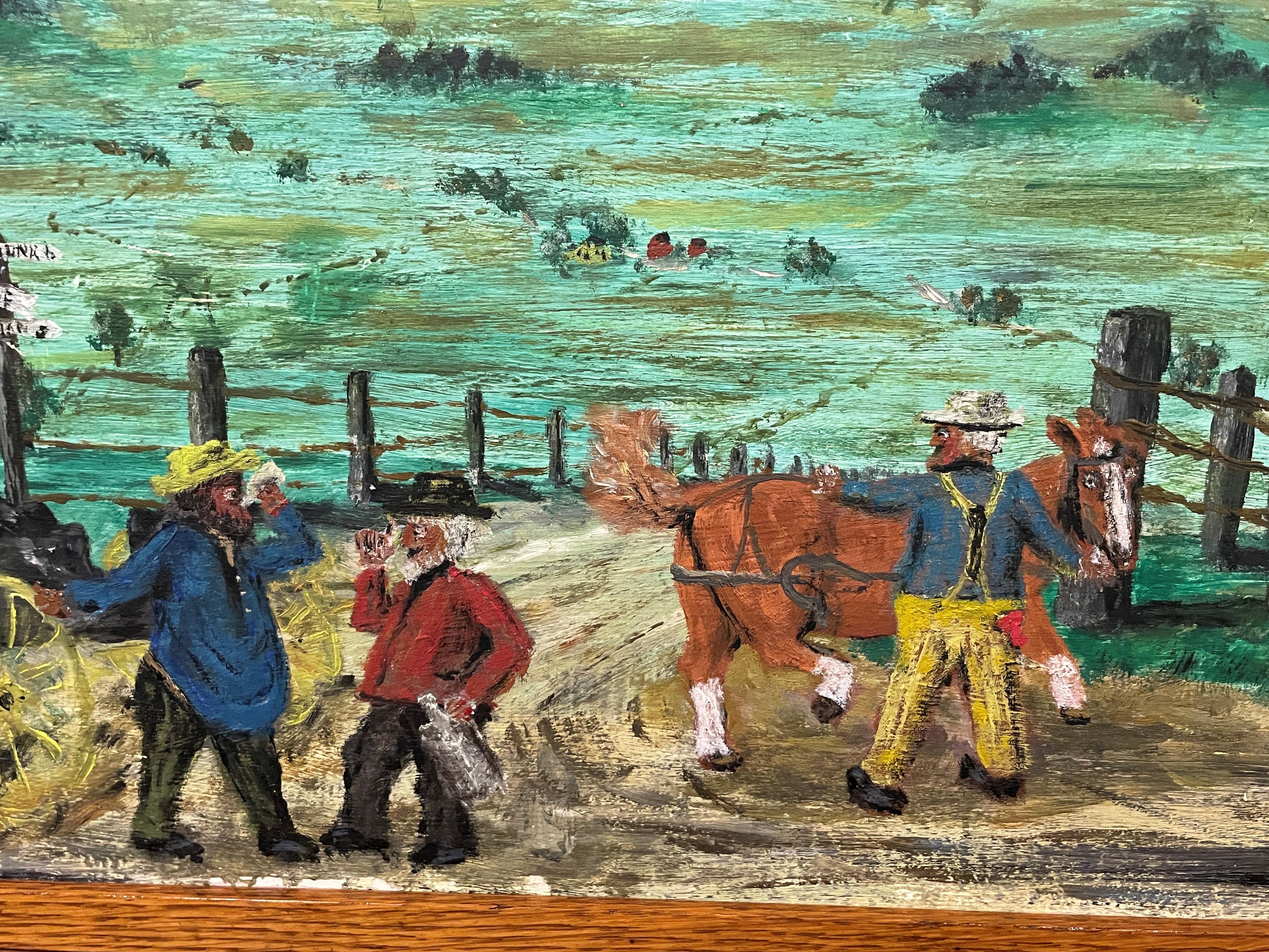 Fred E. Robertson (1878 - 1953)
Swapping Horses, 1947
Signed and dated lower right
Oil on masonite
12 5/8 x 24 inches

Fred Robertson, like his more famous older sister, Anna Mary Robertson (Grandma) Moses, was born on a farm northeast of Albany,