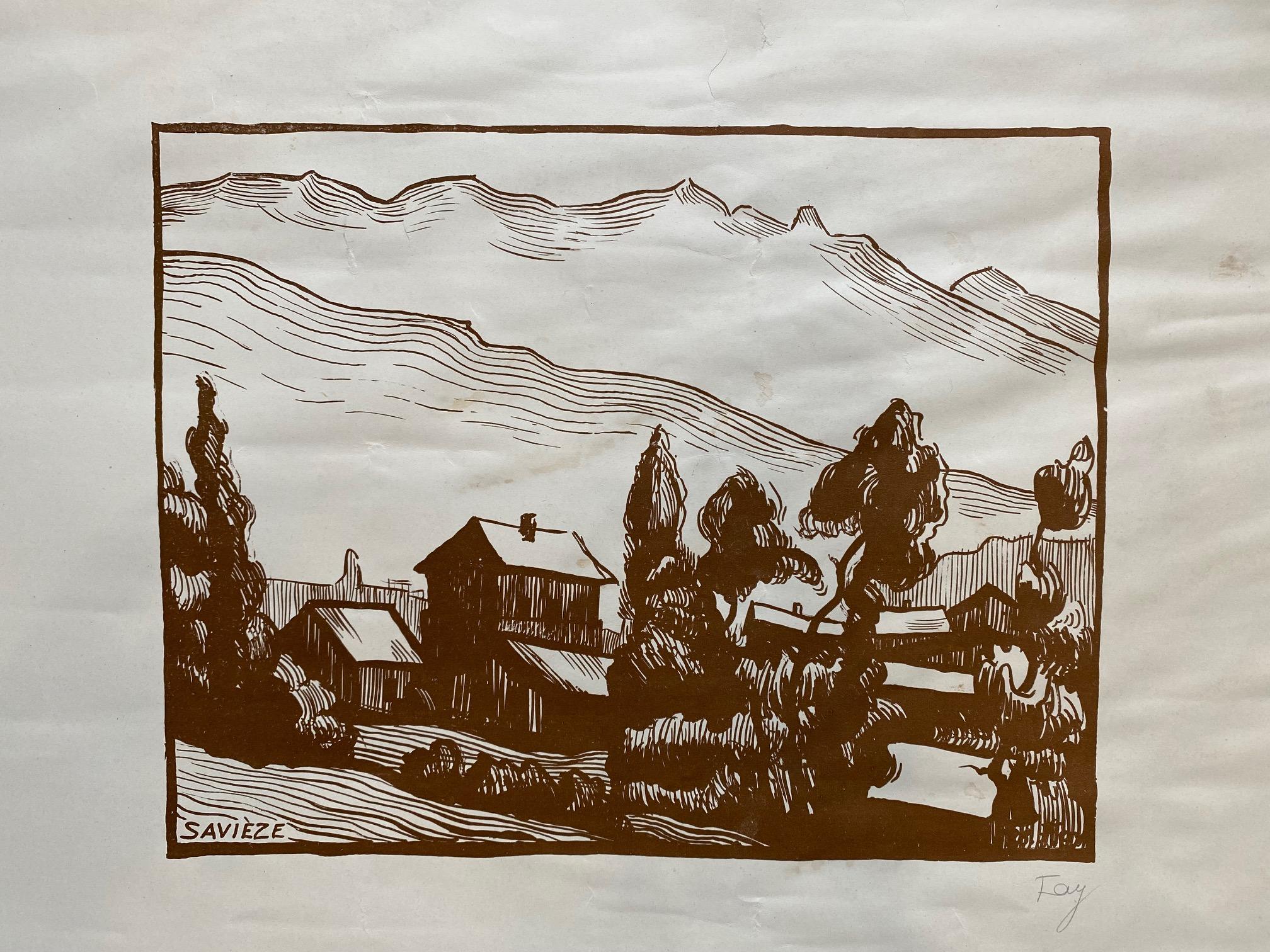 Savièze by Fred Fay - Engraving 33x42 cm