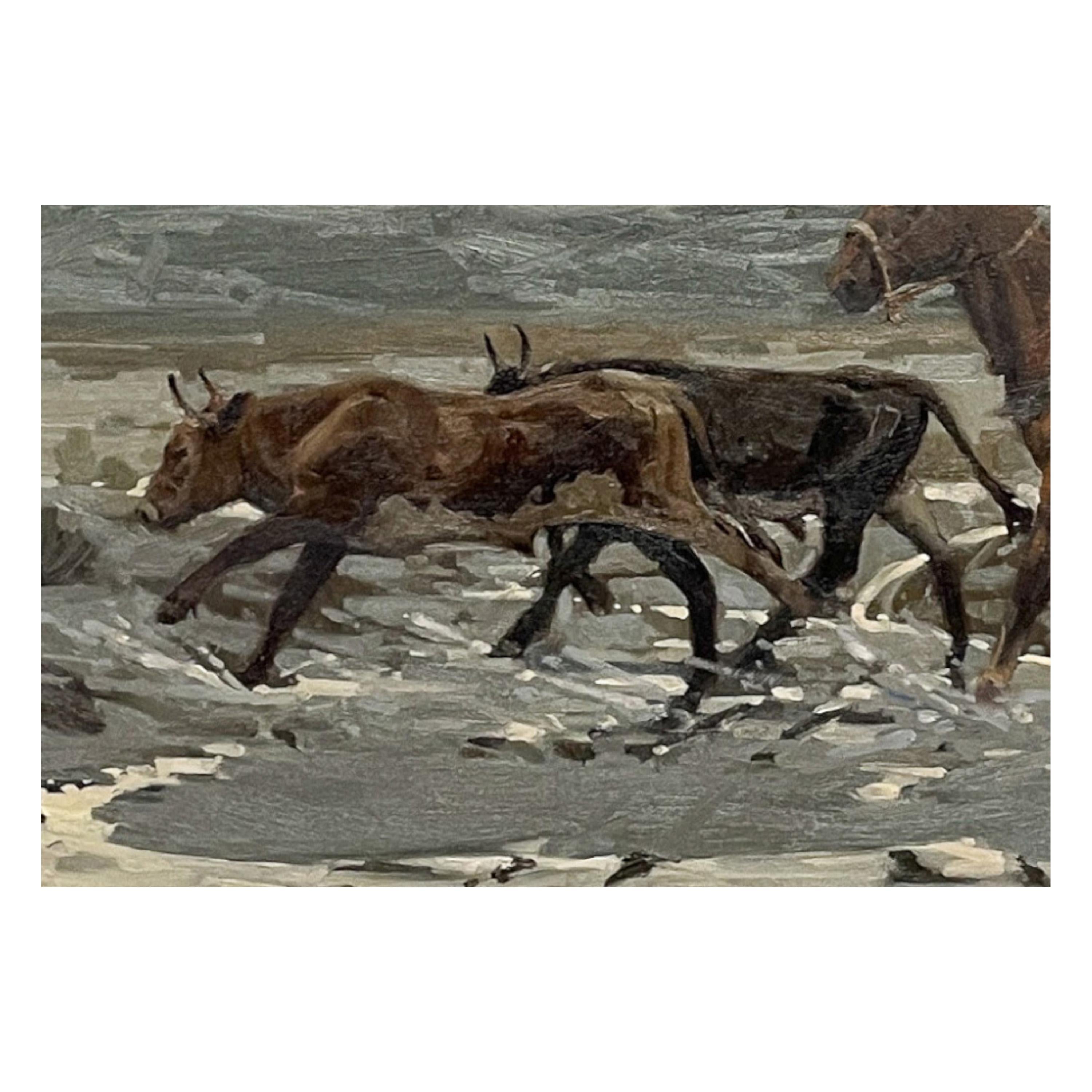 American Western Cowboy Caballo y Ganado Pintura al óleo 