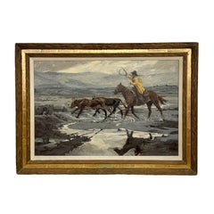 Pittura ad olio western americana con cavalli e bestiame "Primavera in alta montagna".