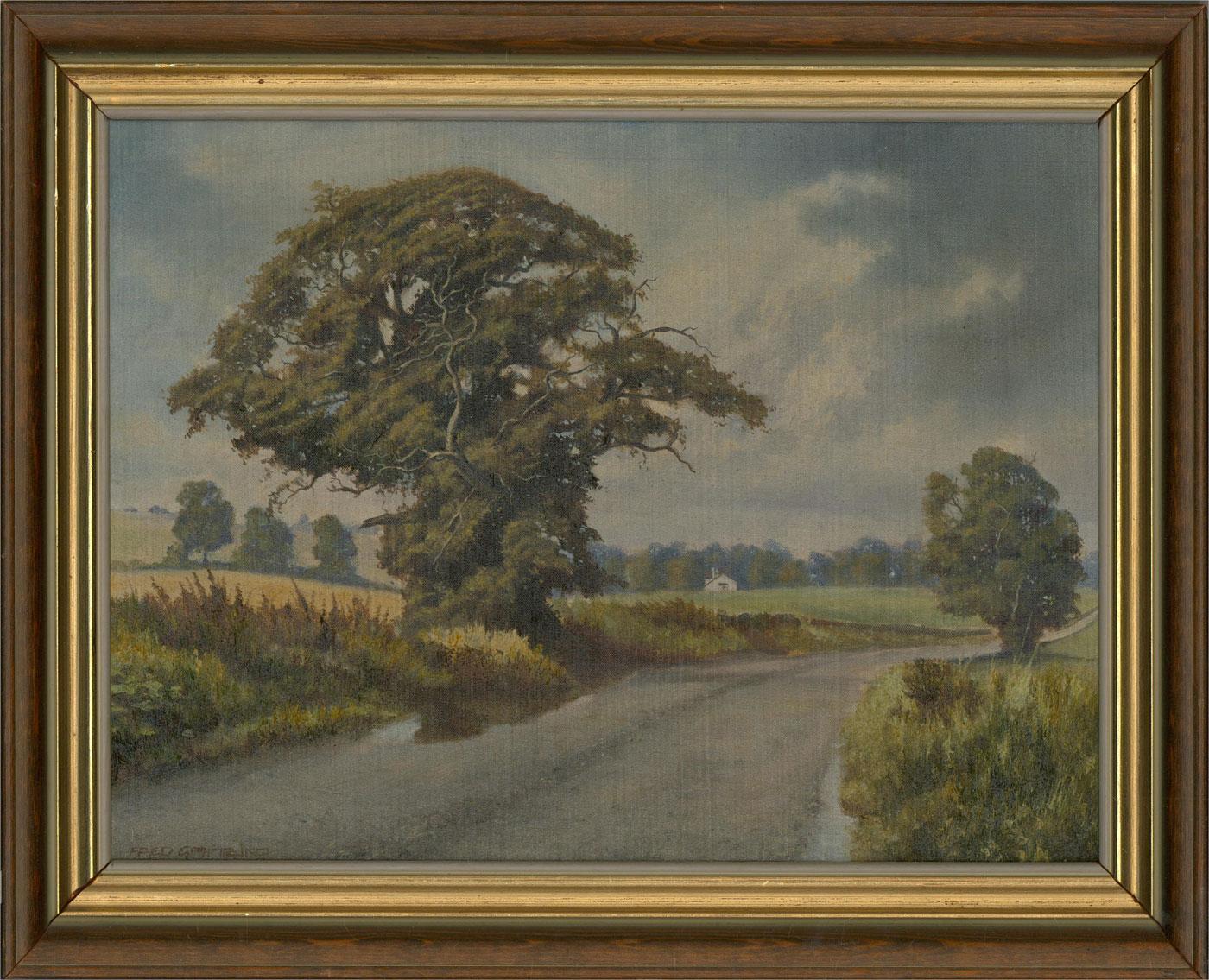 A scene in the English countryside, featuring an old tree with gnarled branches and patchwork fields beyond. Presented in a wooden frame with a gilt-effect inner window. Signed to the lower-left edge. On canvas on stretchers.
