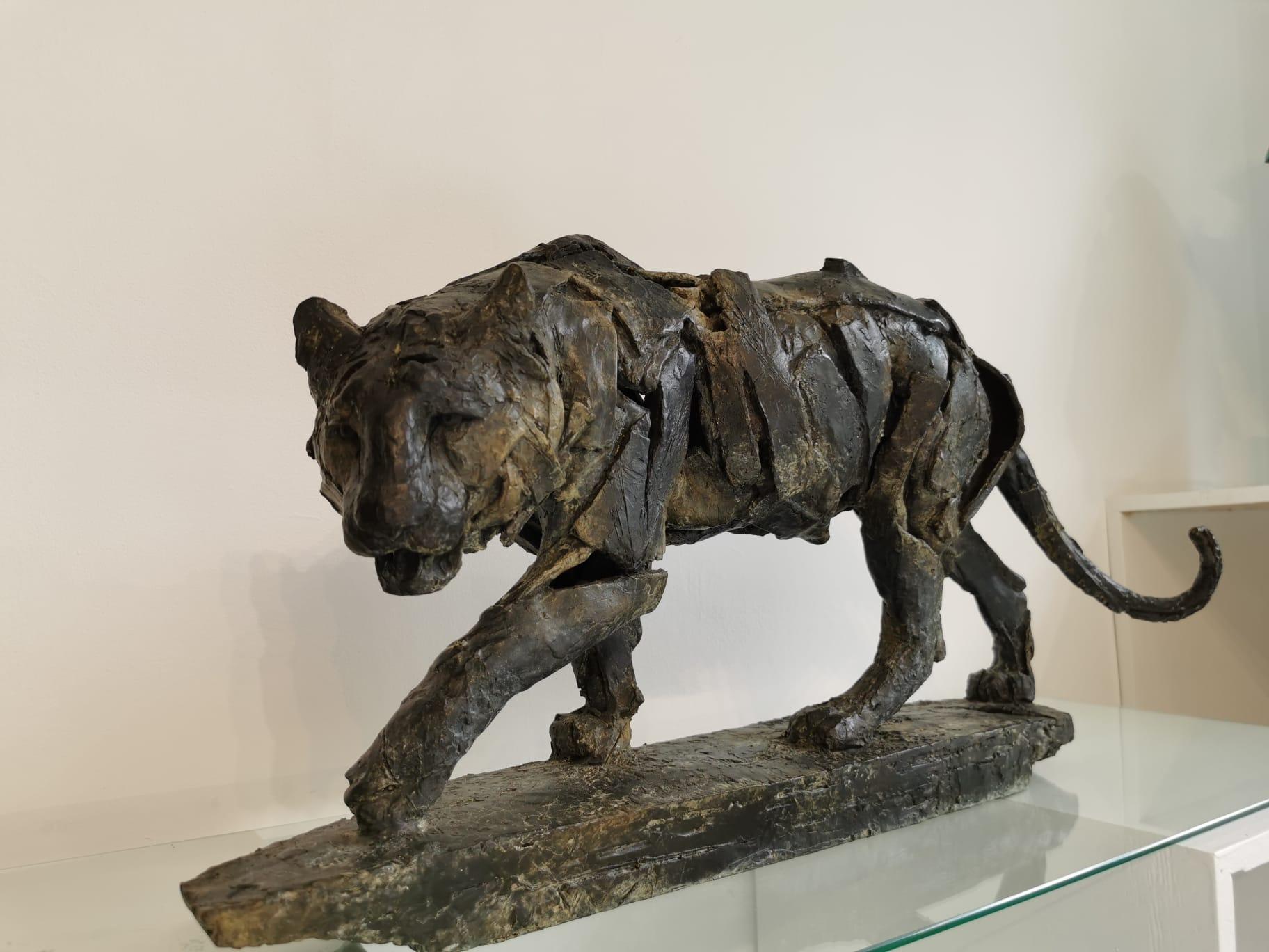 Walking Tiger - Gold Figurative Sculpture by Fred Gordon