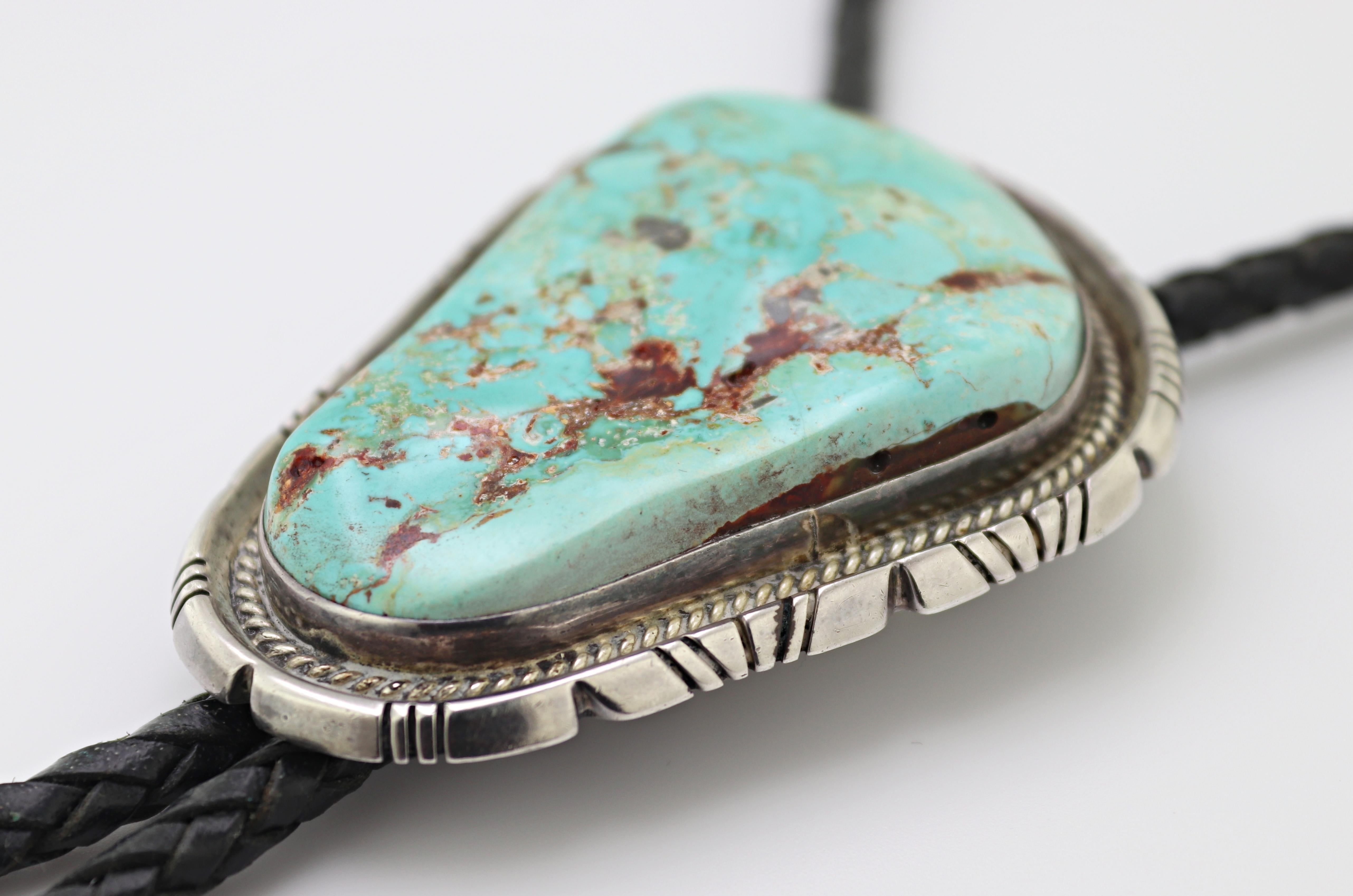 Artisan Fred Guerro Turquoise, Silver Leather Bolo Tie For Sale