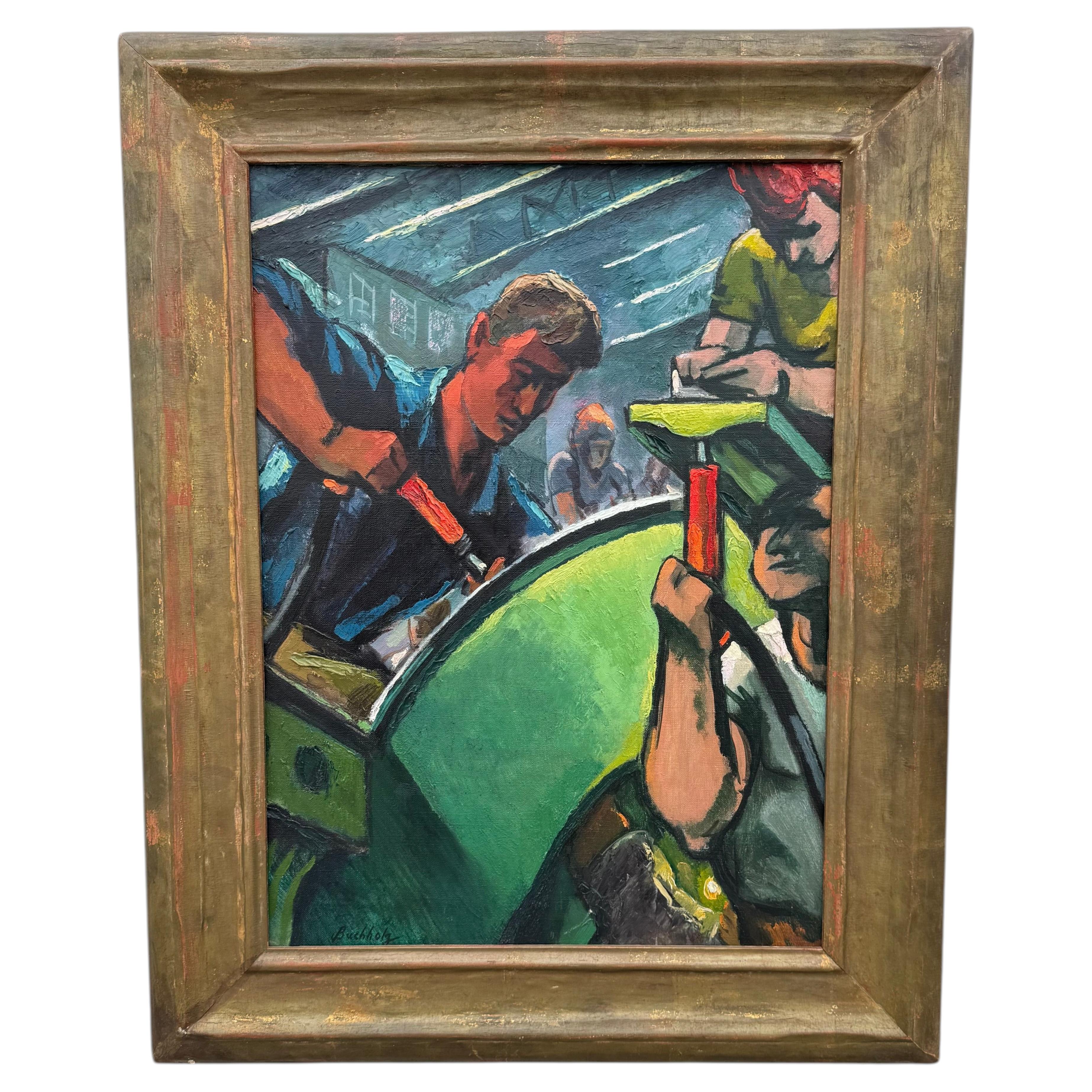 Fred H. Buchholz "WPA" Framed Industrial Oil Painting "The Airplane Riveters"