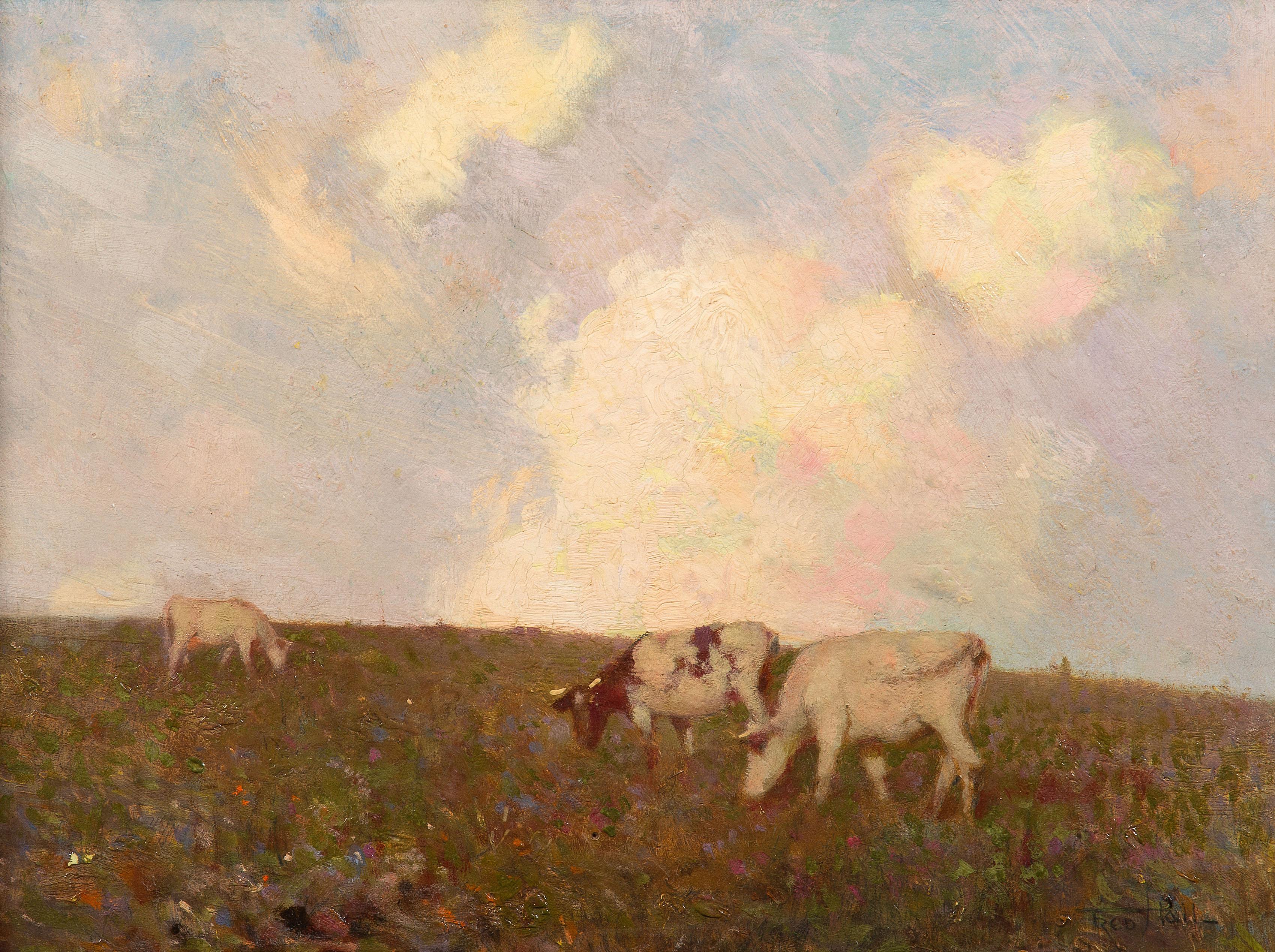 Cows grazing on a hillside - Painting by Fred Hall