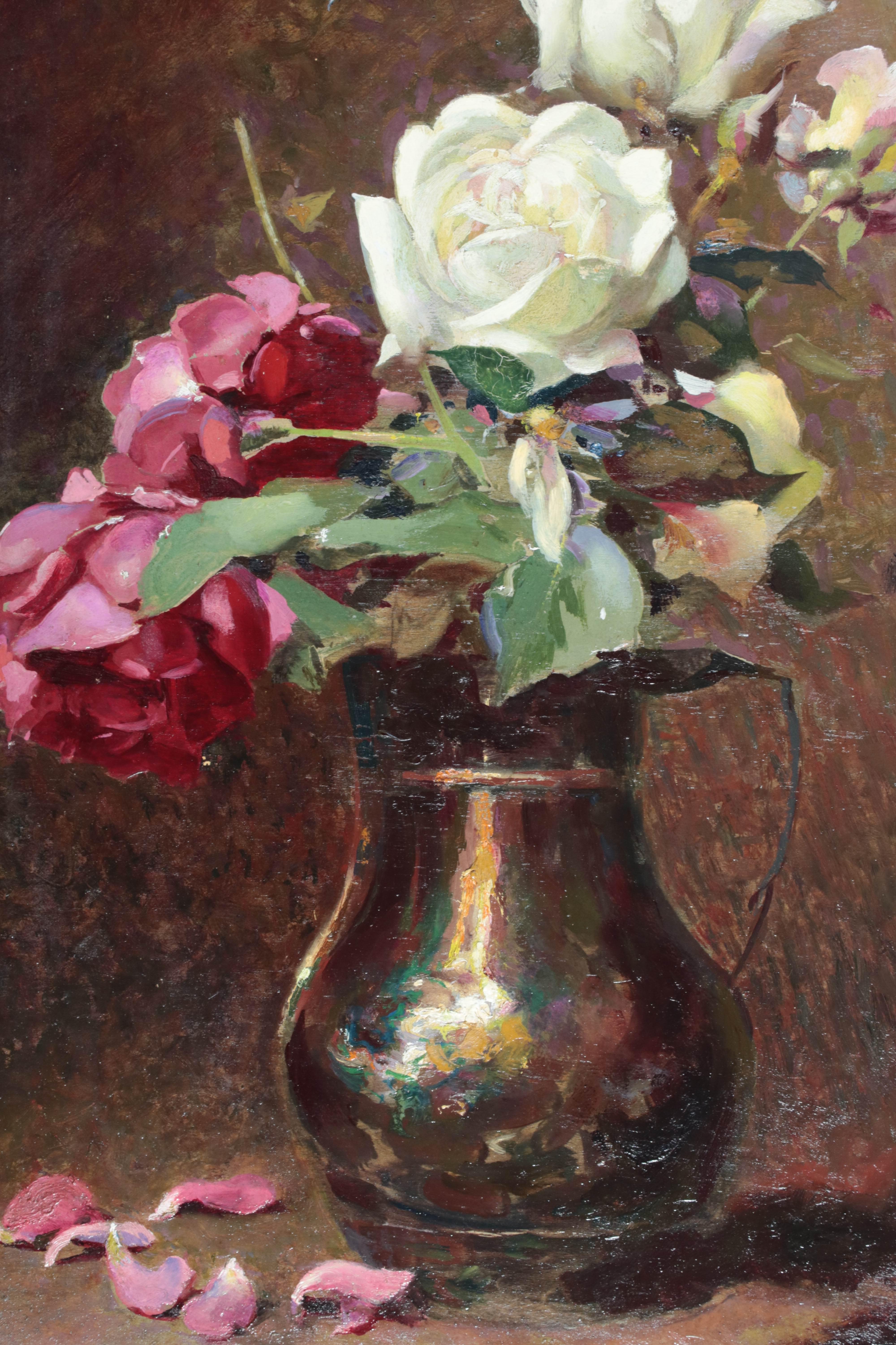 Early Twentieth Century Newlyn School Still Life of Flowers in Vase Oil Painting - Black Still-Life Painting by Fred Hall