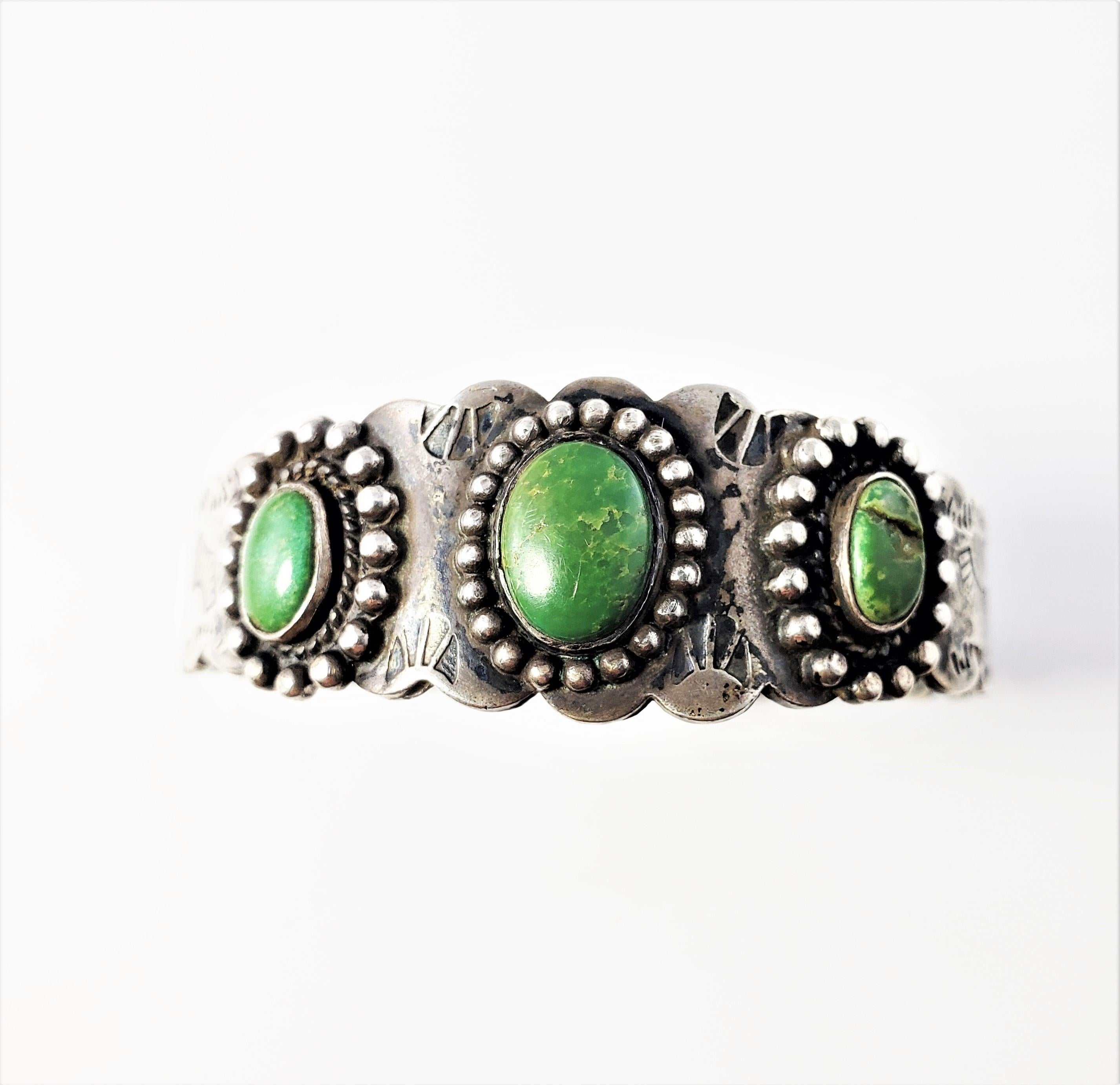 Fred Harvey Era Southwest Sterling Silver Green Turquoise Cuff Bracelet In Good Condition In Washington Depot, CT