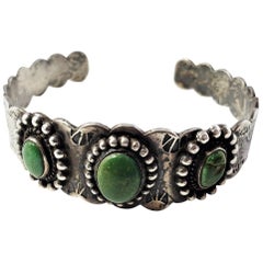 Fred Harvey Era Southwest Sterling Silver Green Turquoise Cuff Bracelet