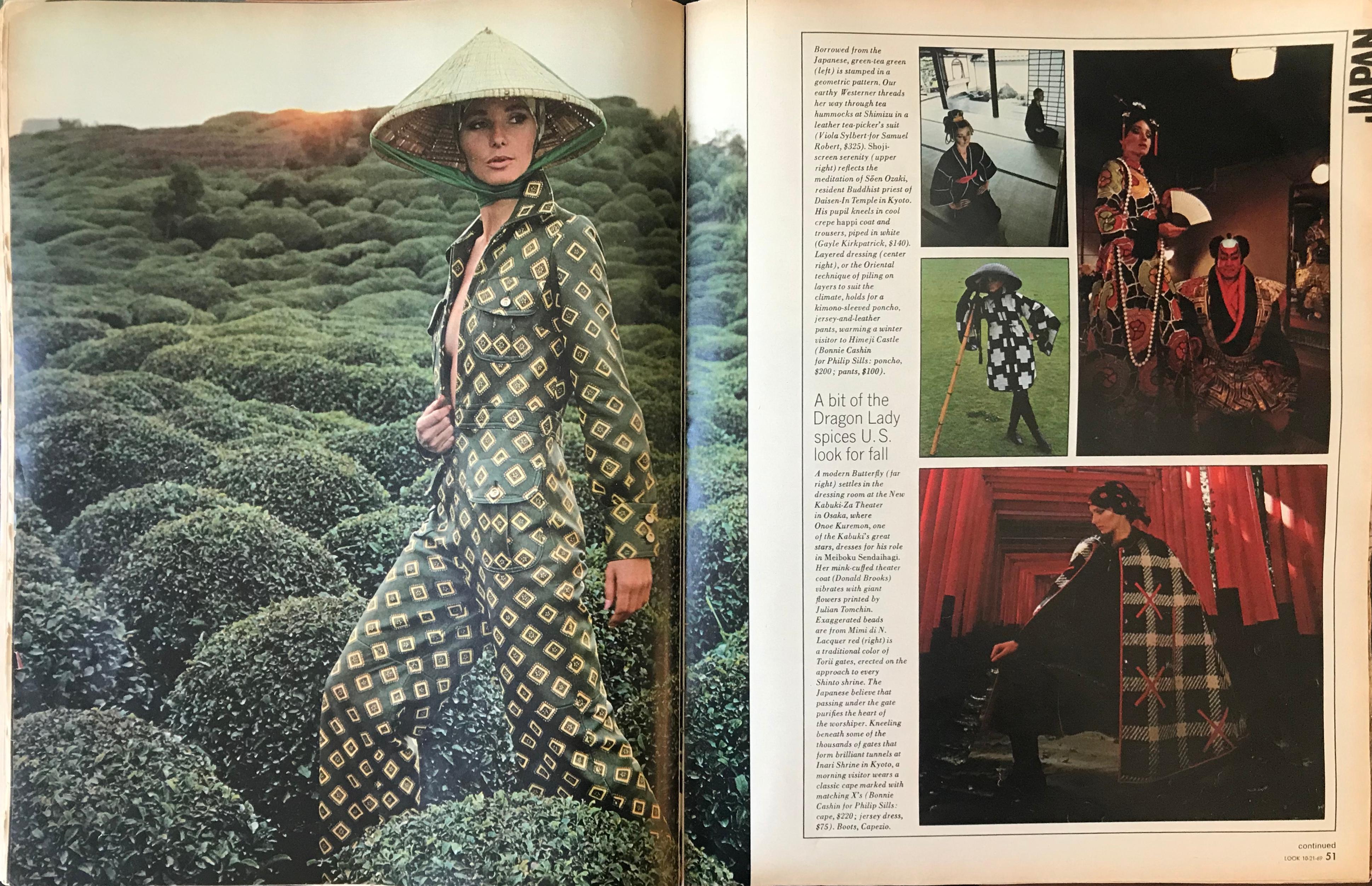 Fashion Photography / Editorial photoshoot for LOOK Magazine 1969 Japan Fashion Feature. Borrowed from the Japanese, green-tea green is stamped in a geometric pattern. The model threads her way through tea hummocks at Shimizu in a leather