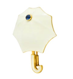 Fred Joaillier French Retro Sapphire 18 Karat Gold Enamel Umbrella Brooch