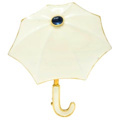 Fred Joaillier French Retro Sapphire 18 Karat Gold Enamel Umbrella Brooch