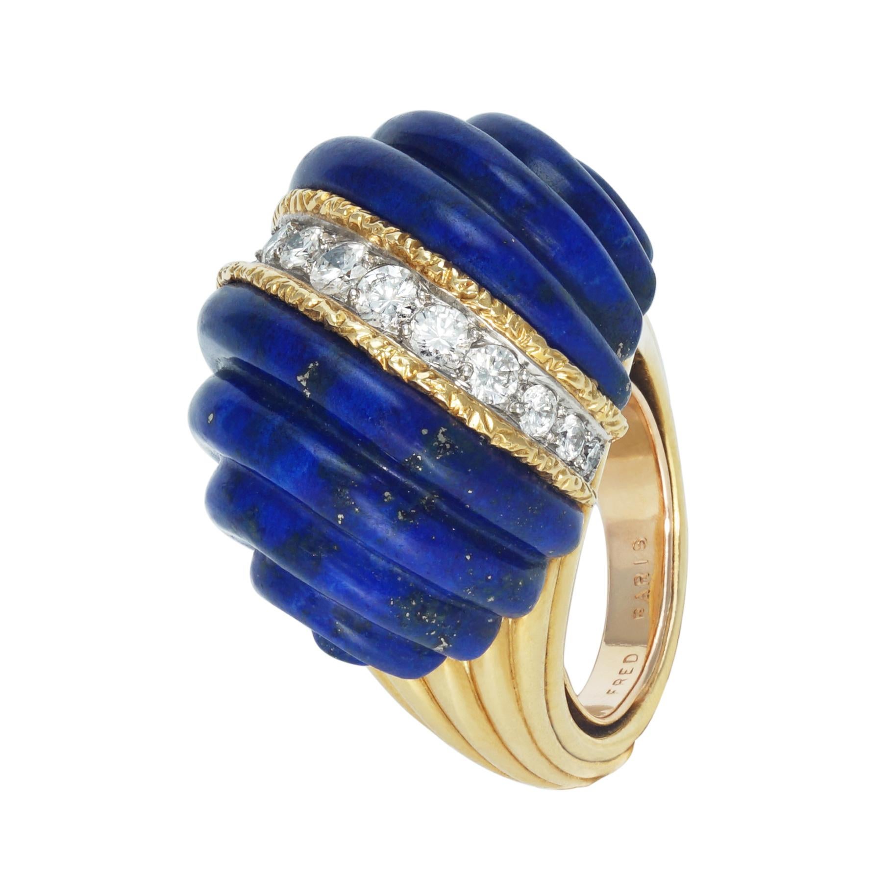 Fred Lapis-Lazuli and Diamonds Ring In Excellent Condition In Monte Carlo, MC