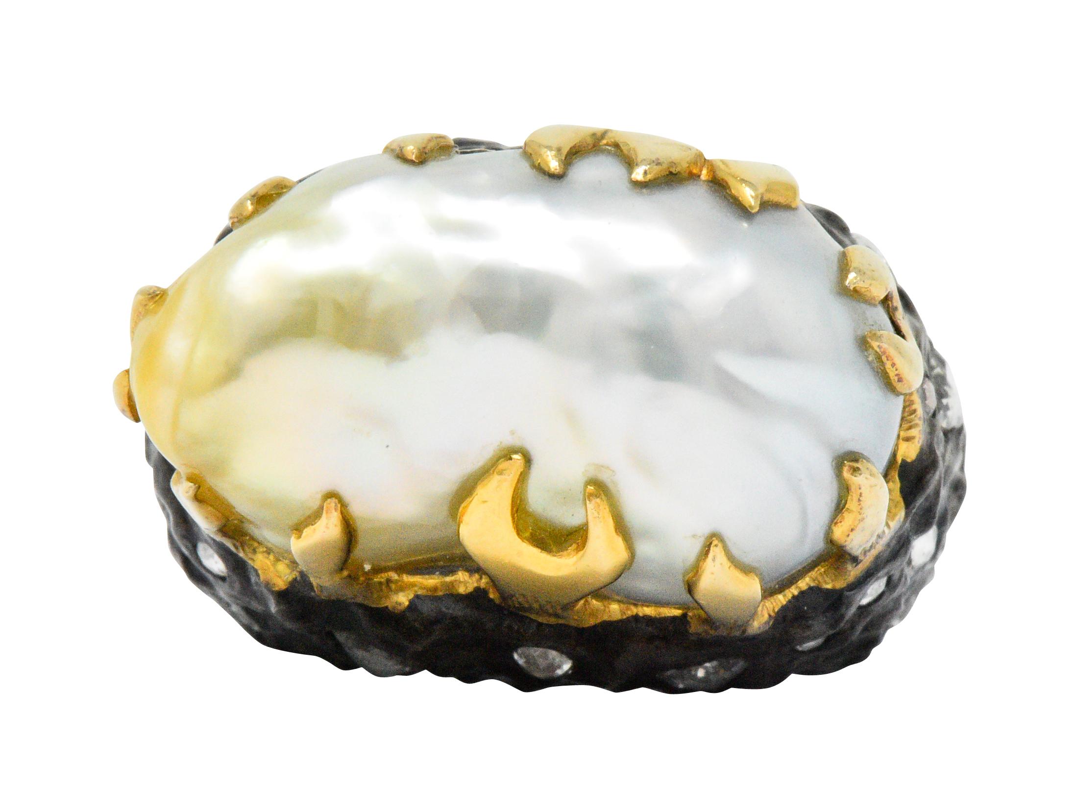 Modern Fred Leighton 1.45 Carat Diamond Baroque Pearl Sterling Silver 18 Karat Ring