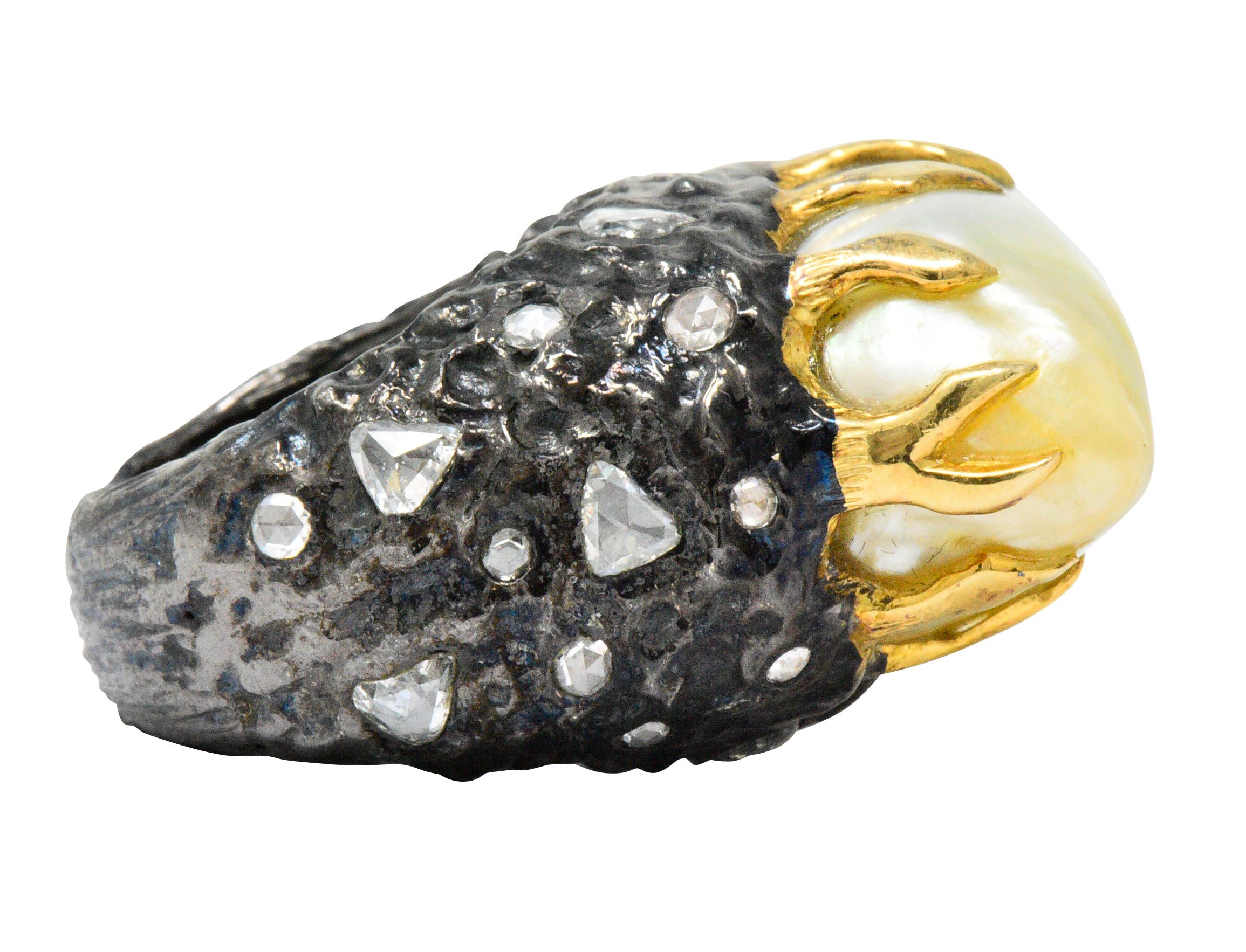 Women's or Men's Fred Leighton 1.45 Carat Diamond Baroque Pearl Sterling Silver 18 Karat Ring