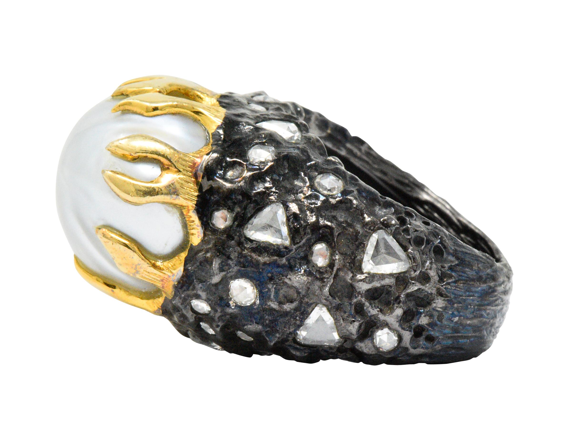 Fred Leighton 1.45 Carat Diamond Baroque Pearl Sterling Silver 18 Karat Ring 1