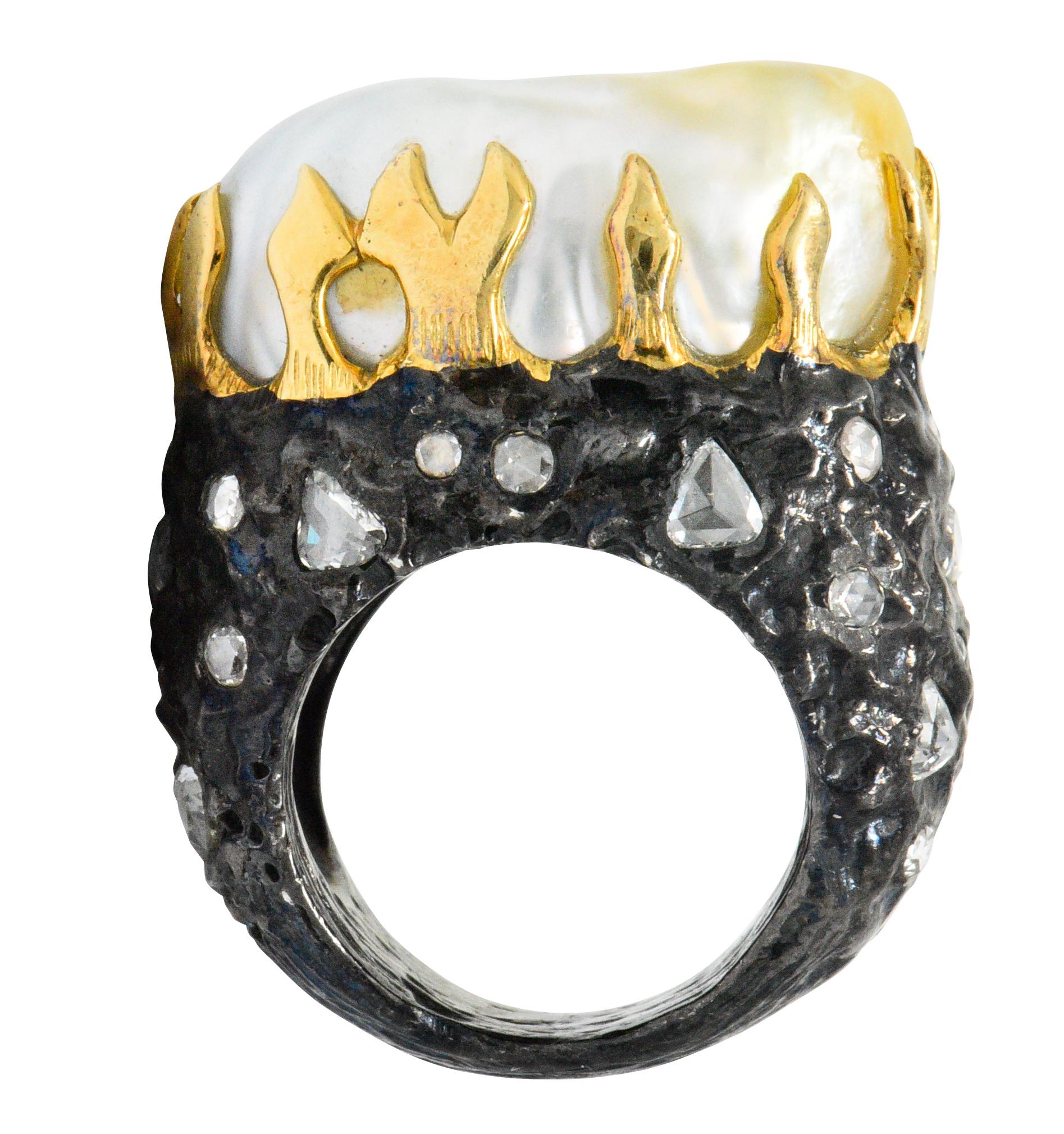 Fred Leighton 1.45 Carat Diamond Baroque Pearl Sterling Silver 18 Karat Ring 3