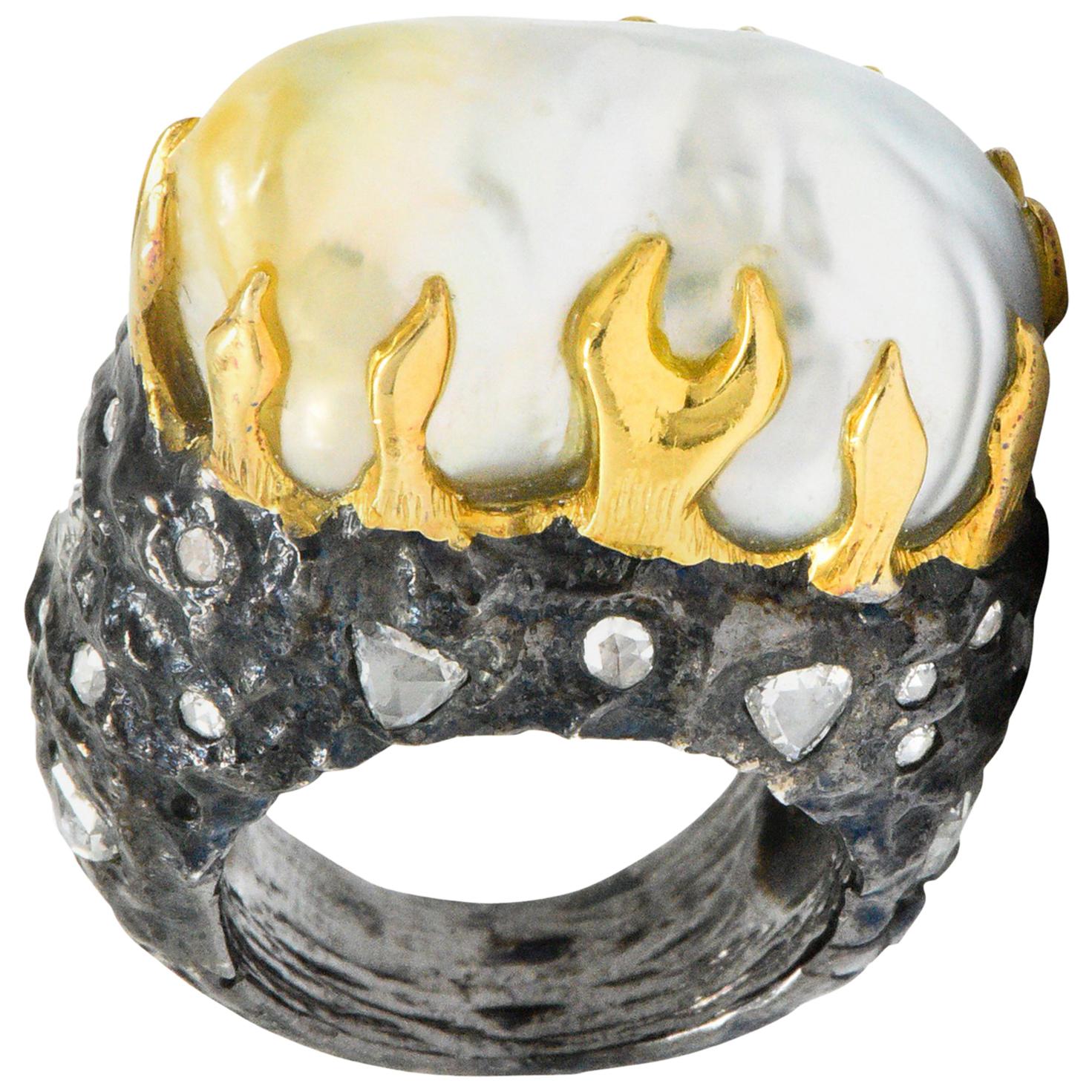 Fred Leighton 1.45 Carat Diamond Baroque Pearl Sterling Silver 18 Karat Ring