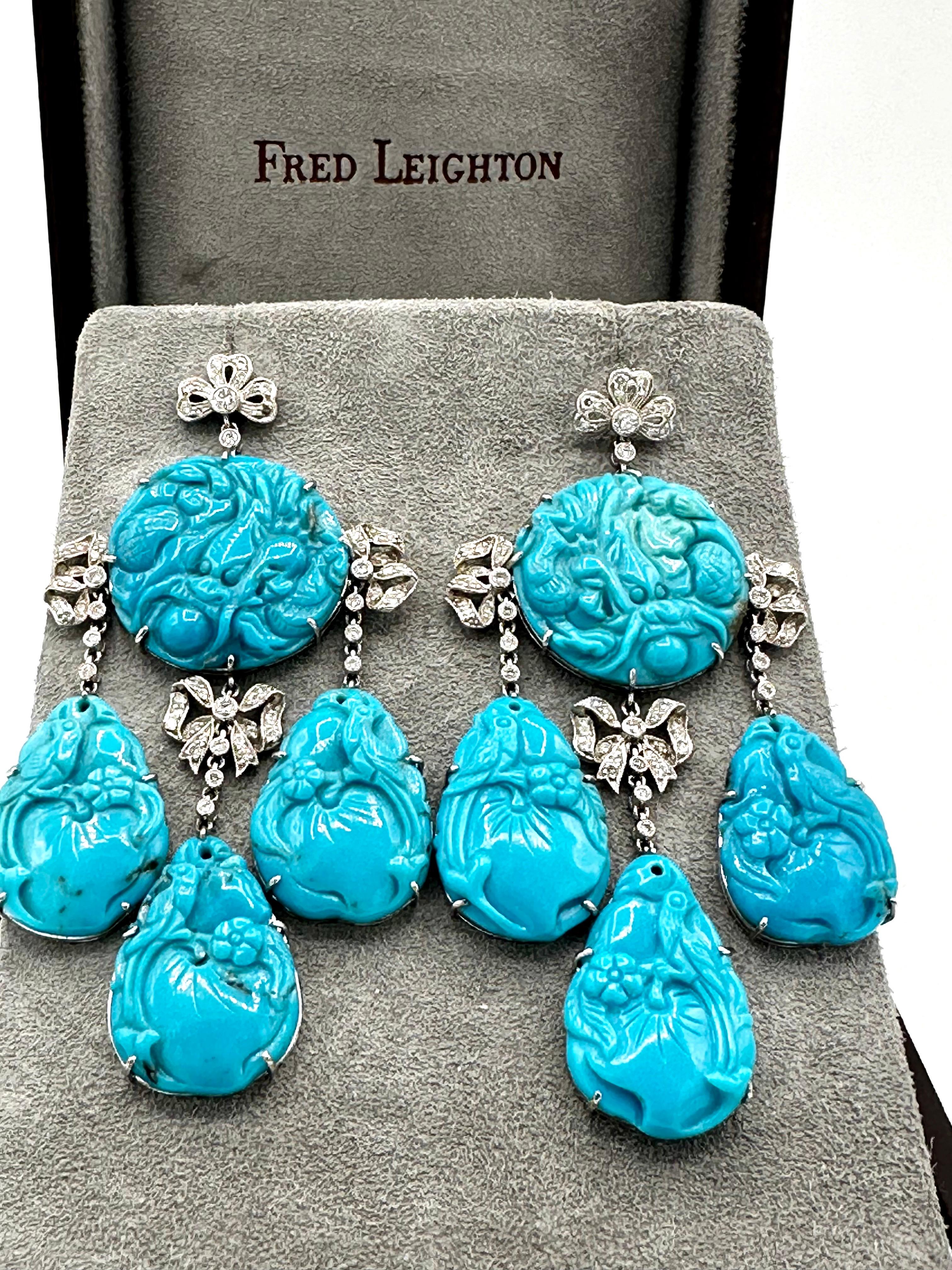 Pendientes colgantes Fred Leighton de diamantes redondos de 1,62 quilates y turquesa tallada Art Decó en venta