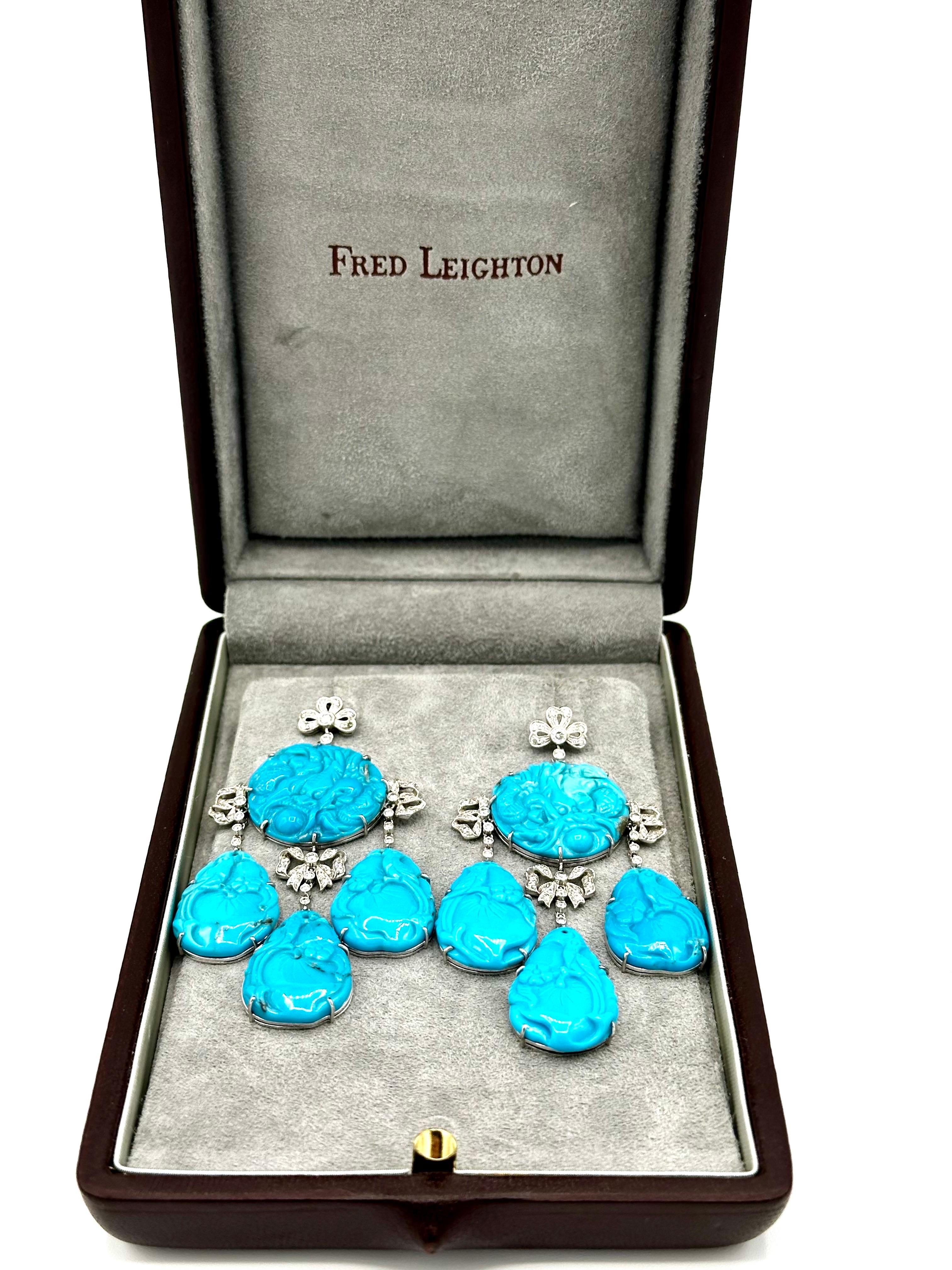 Pendientes colgantes Fred Leighton de diamantes redondos de 1,62 quilates y turquesa tallada Corte redondo en venta