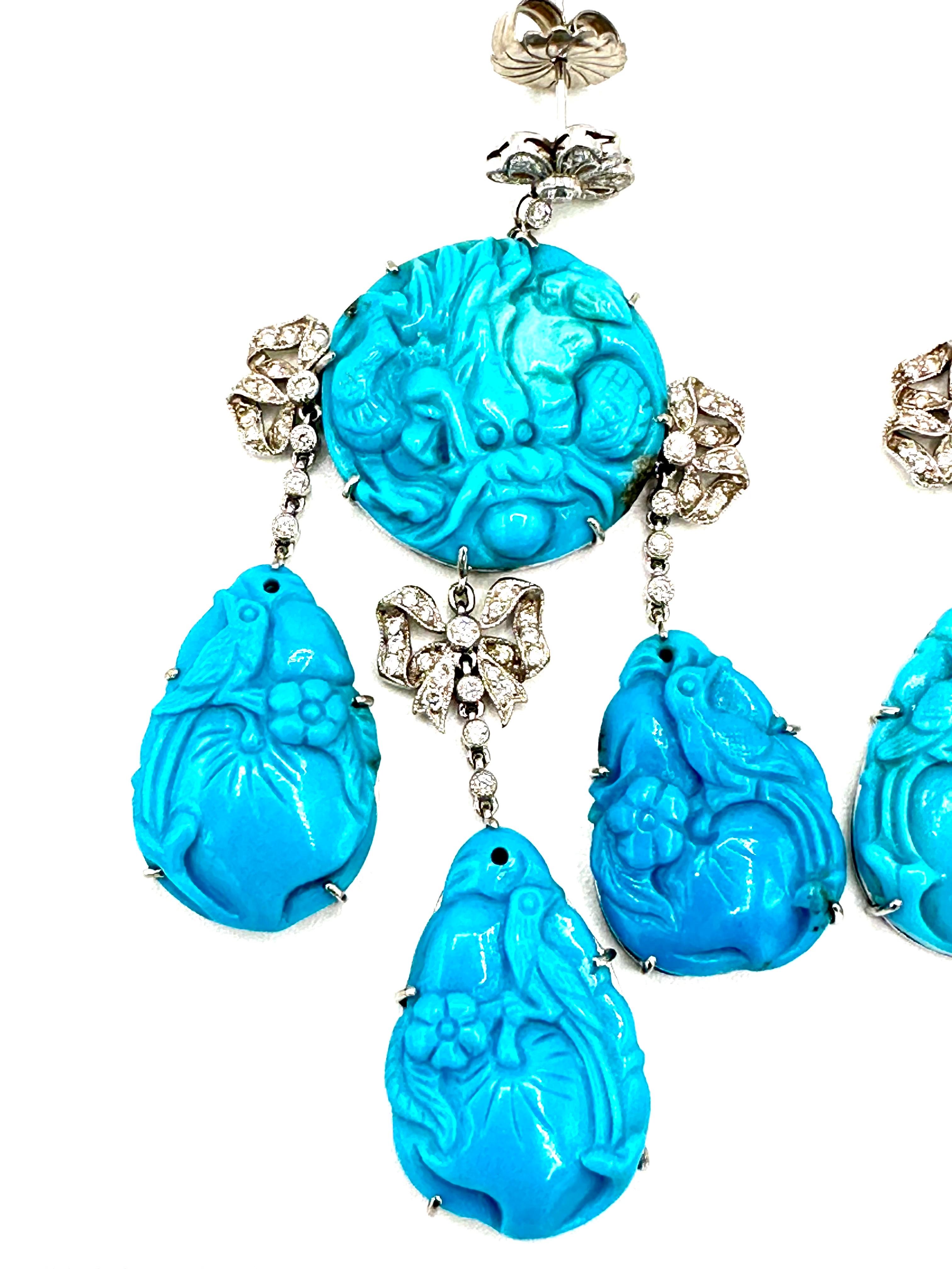 Pendientes colgantes Fred Leighton de diamantes redondos de 1,62 quilates y turquesa tallada en Excelente estado para la venta en Chevy Chase, MD
