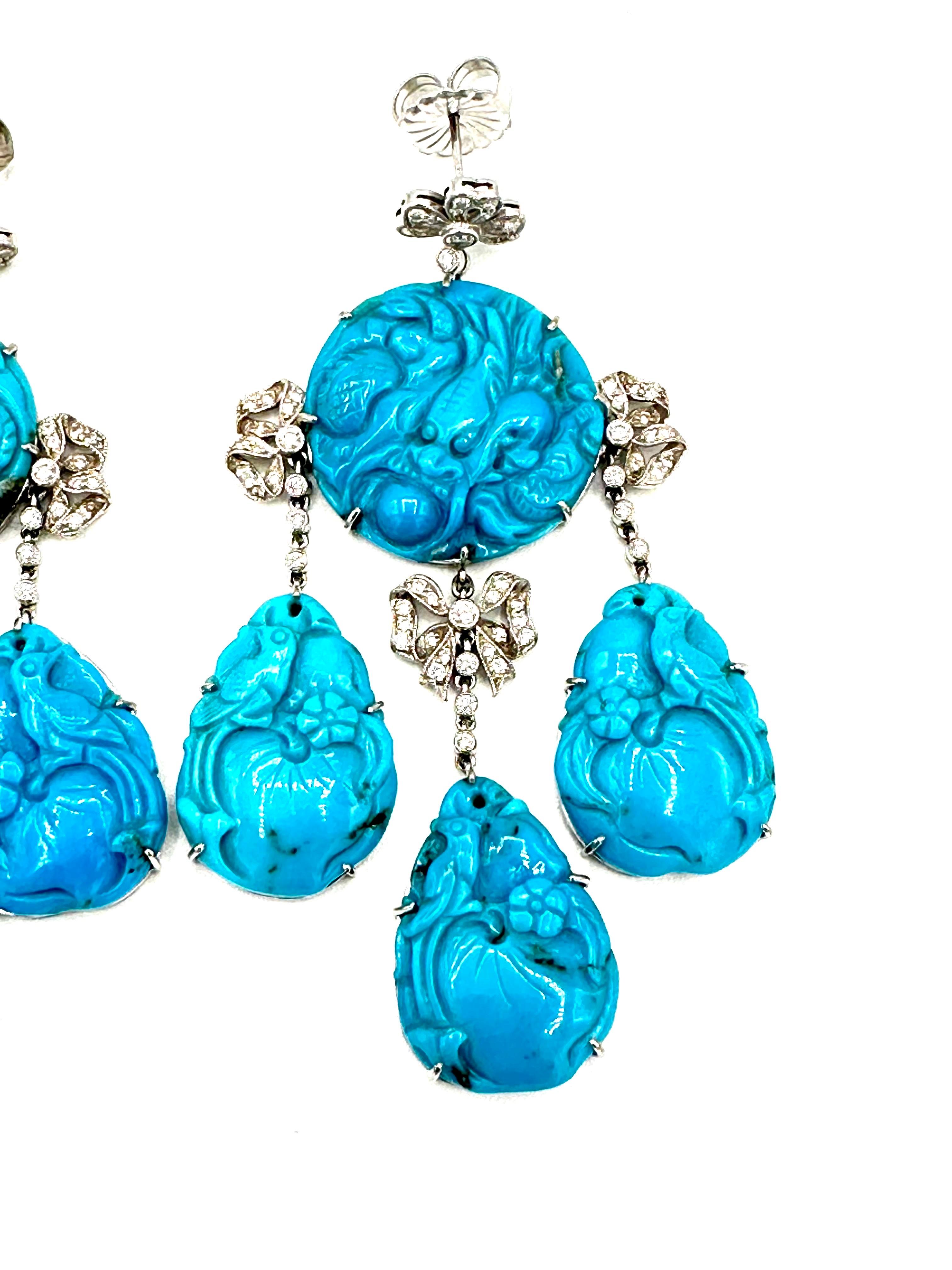 Femenino o masculino Pendientes colgantes Fred Leighton de diamantes redondos de 1,62 quilates y turquesa tallada en venta