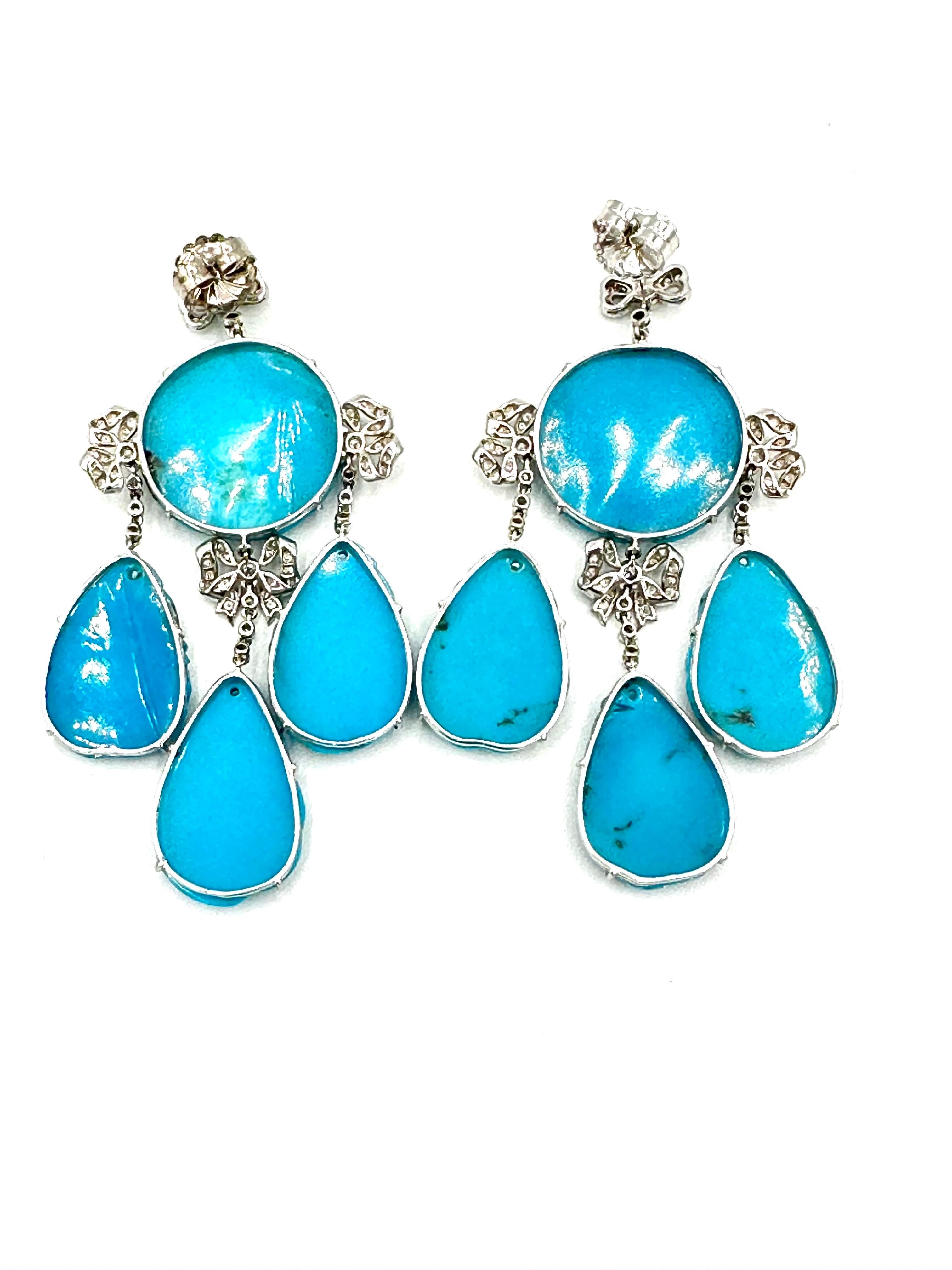 Pendientes colgantes Fred Leighton de diamantes redondos de 1,62 quilates y turquesa tallada en venta 1
