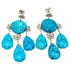 Fred Leighton 1.62 Carats Round Diamonds and Carved Turquoise Dangle Earrings