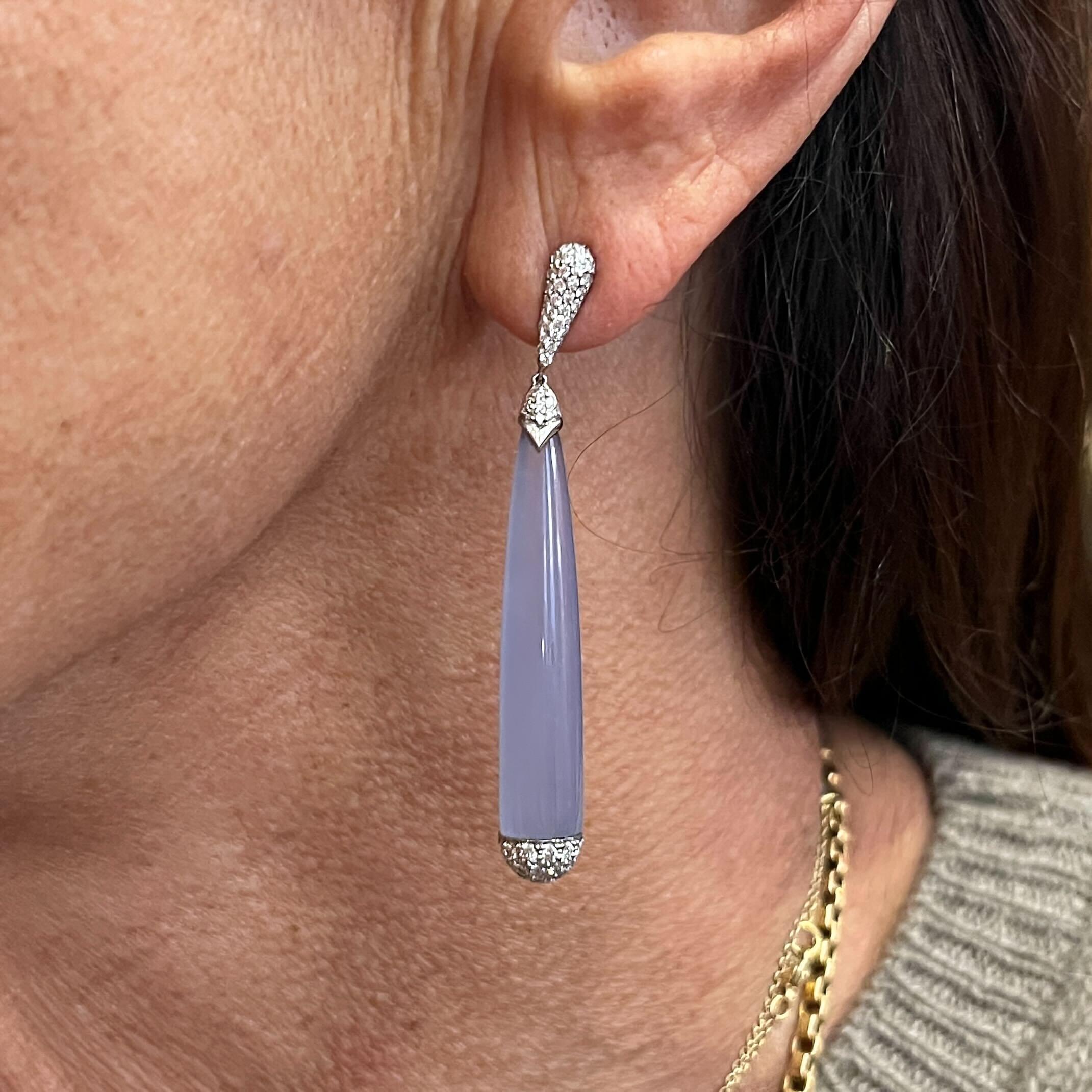 FRED LEIGHTON Blue Chalcedony Diamond Drop Earrings In Good Condition For Sale In New York, NY