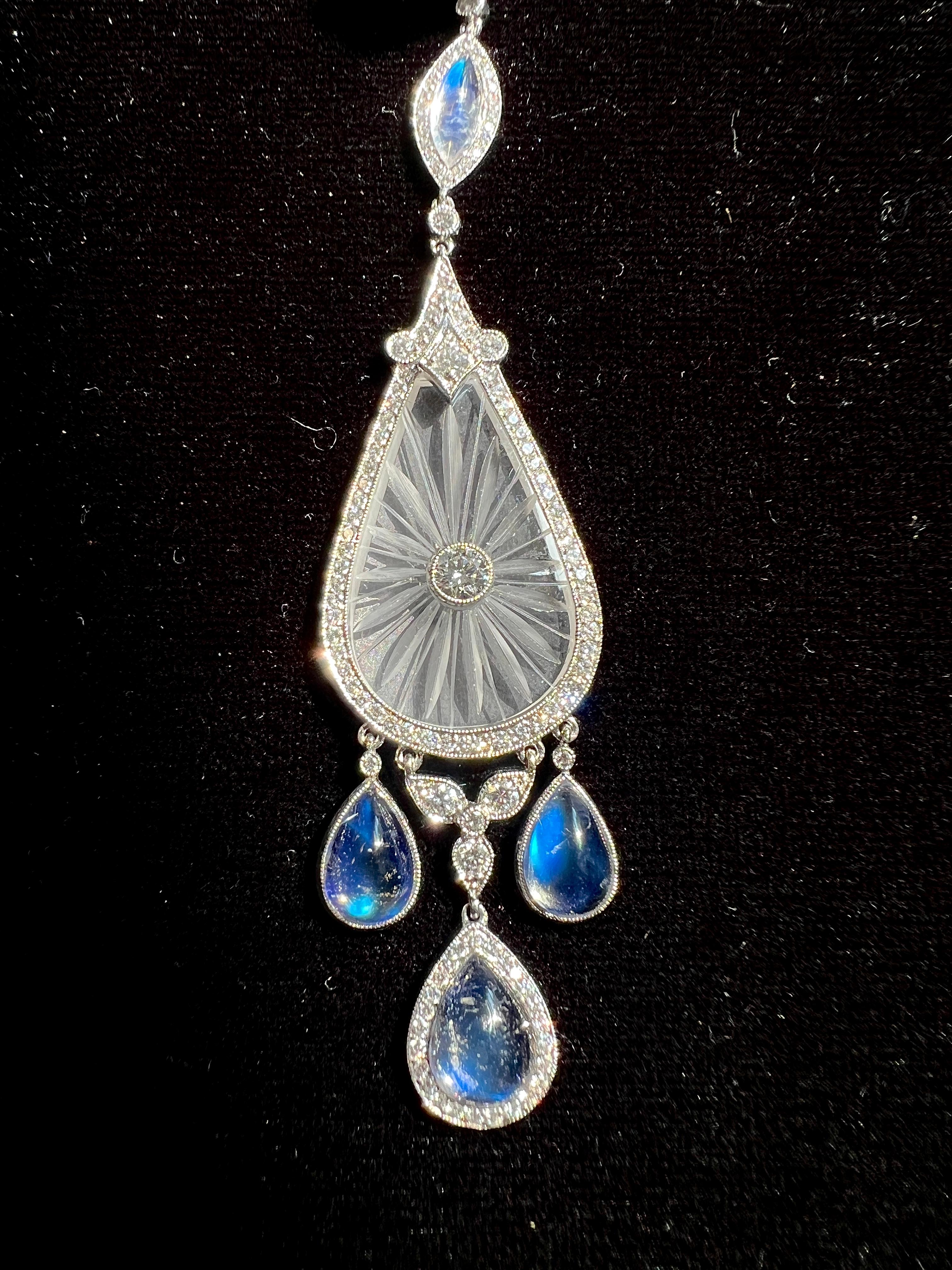 Fred Leighton Diamond Rock Crystal and Moonstone Chandelier Earrings (Tropfenschliff) im Angebot