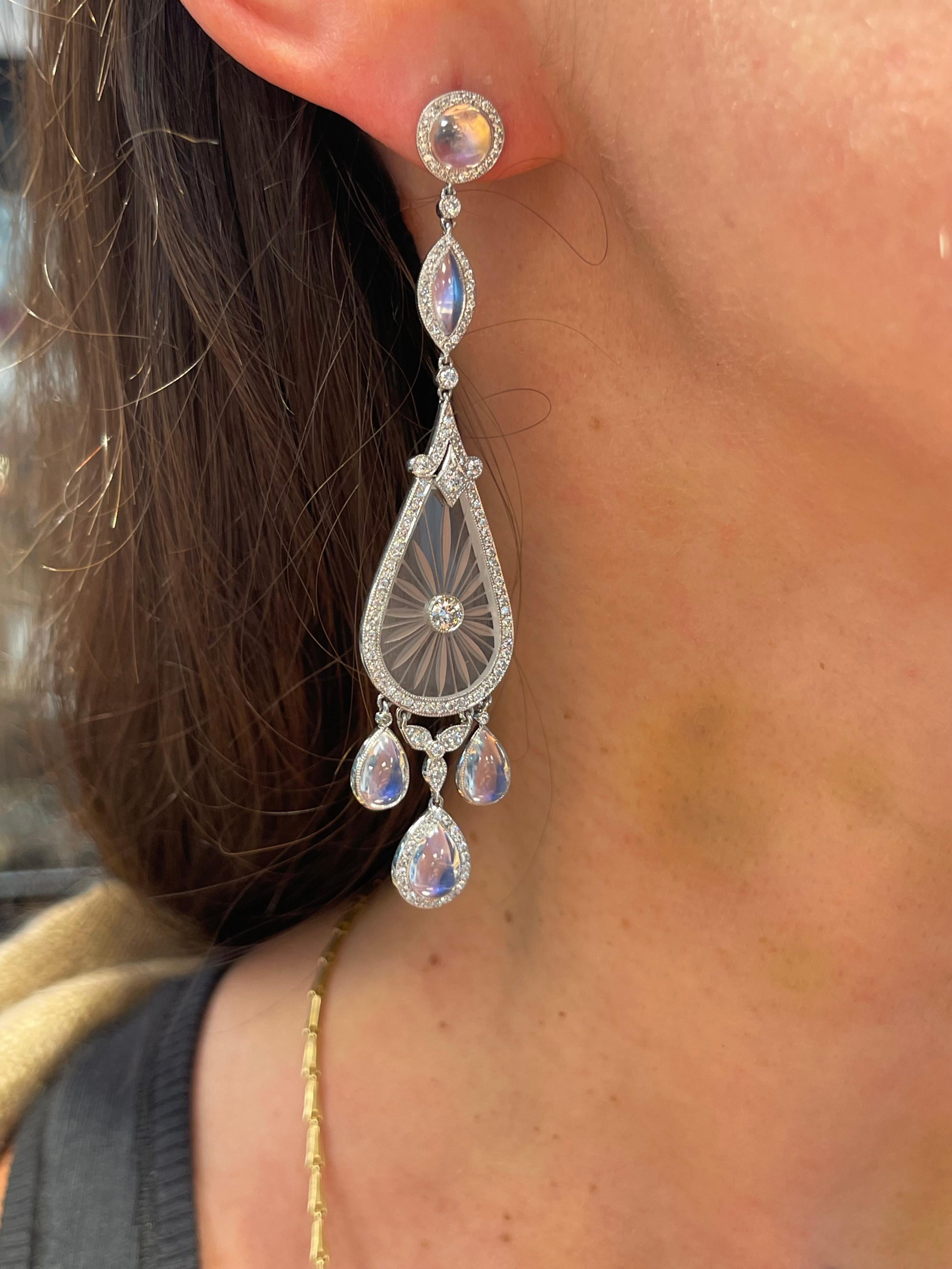 Fred Leighton Diamond Rock Crystal and Moonstone Chandelier Earrings For Sale 1