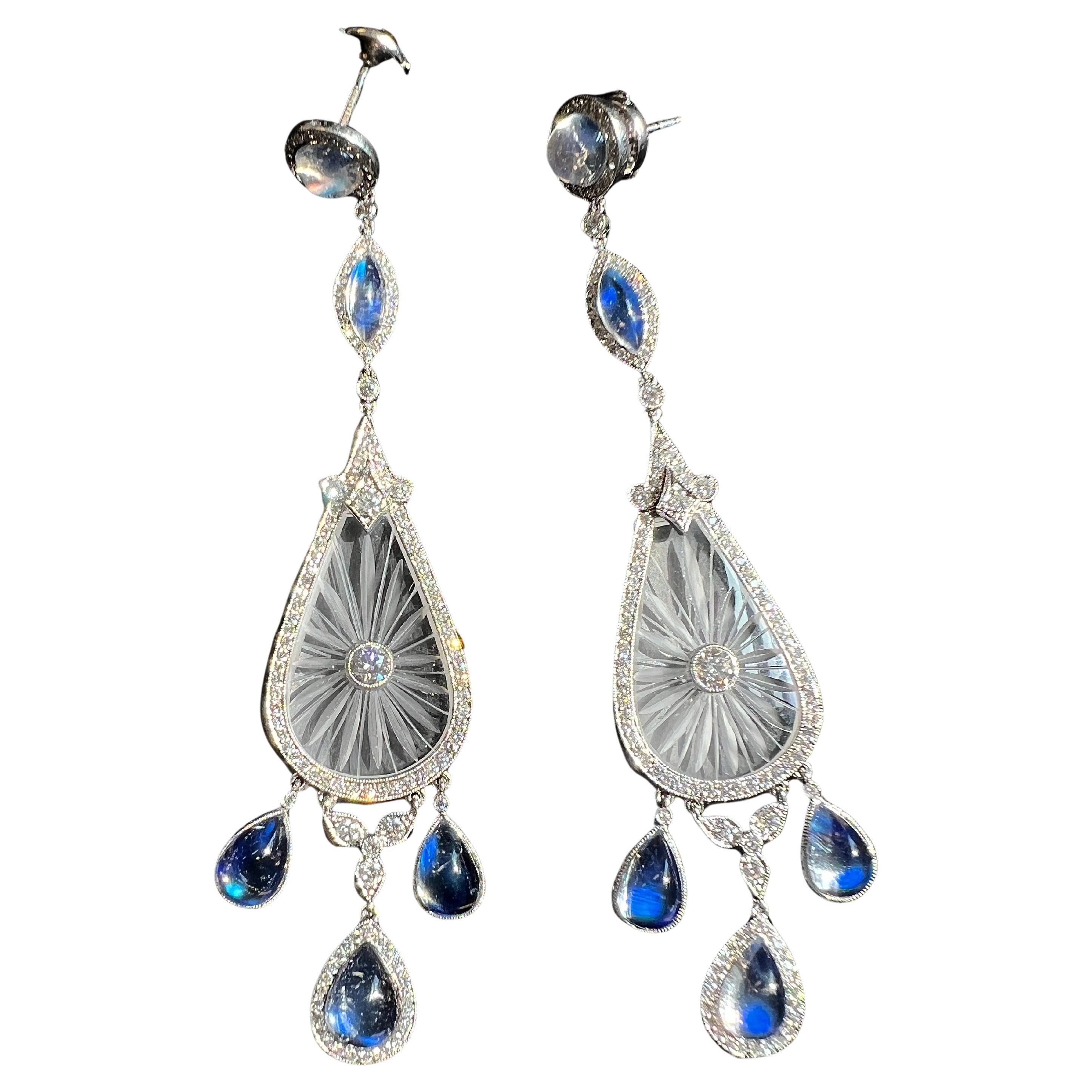 Fred Leighton Diamond Rock Crystal and Moonstone Chandelier Earrings im Angebot