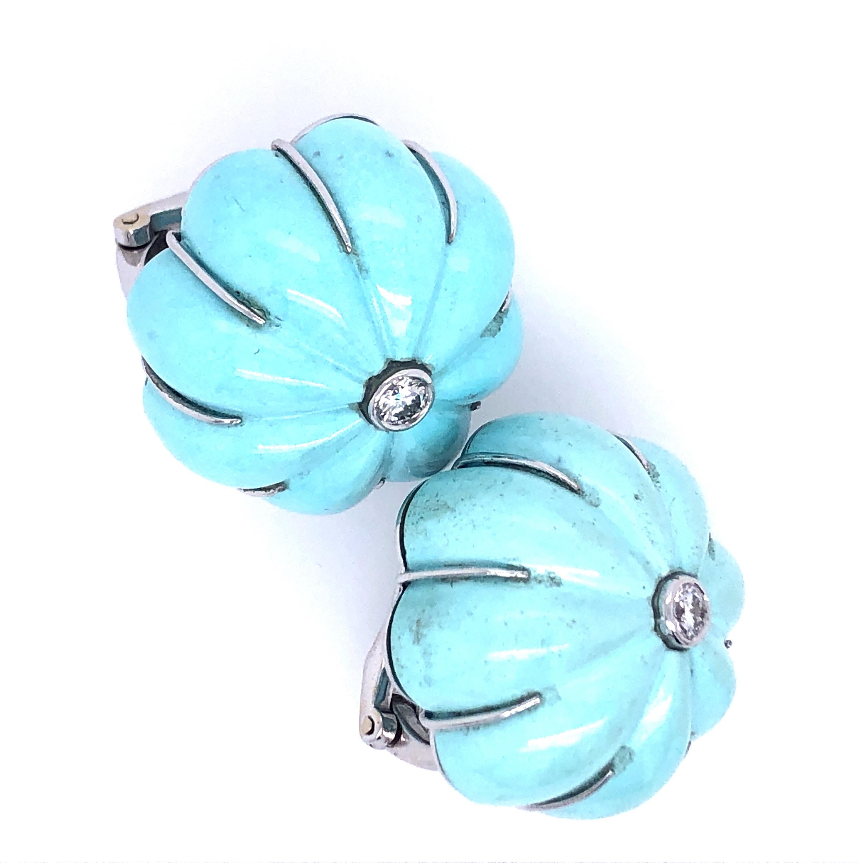 Fred Leighton 18K White Gold and Carved Turquoise Earrings.  Stamped 750 and 18K and Fred Leighton.  Clip on earrings.  