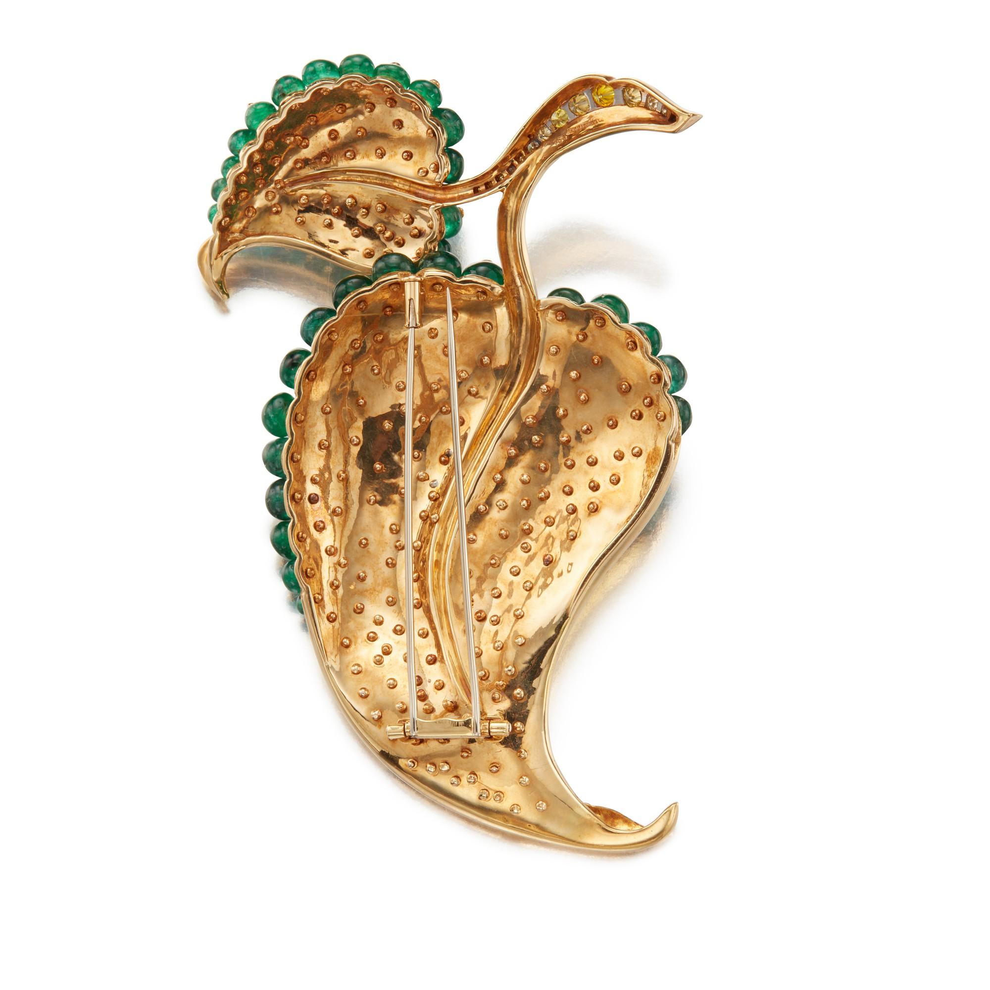 Fred Leighton Gold, Emerald and Colored Diamond Brooch In Excellent Condition For Sale In New York, NY