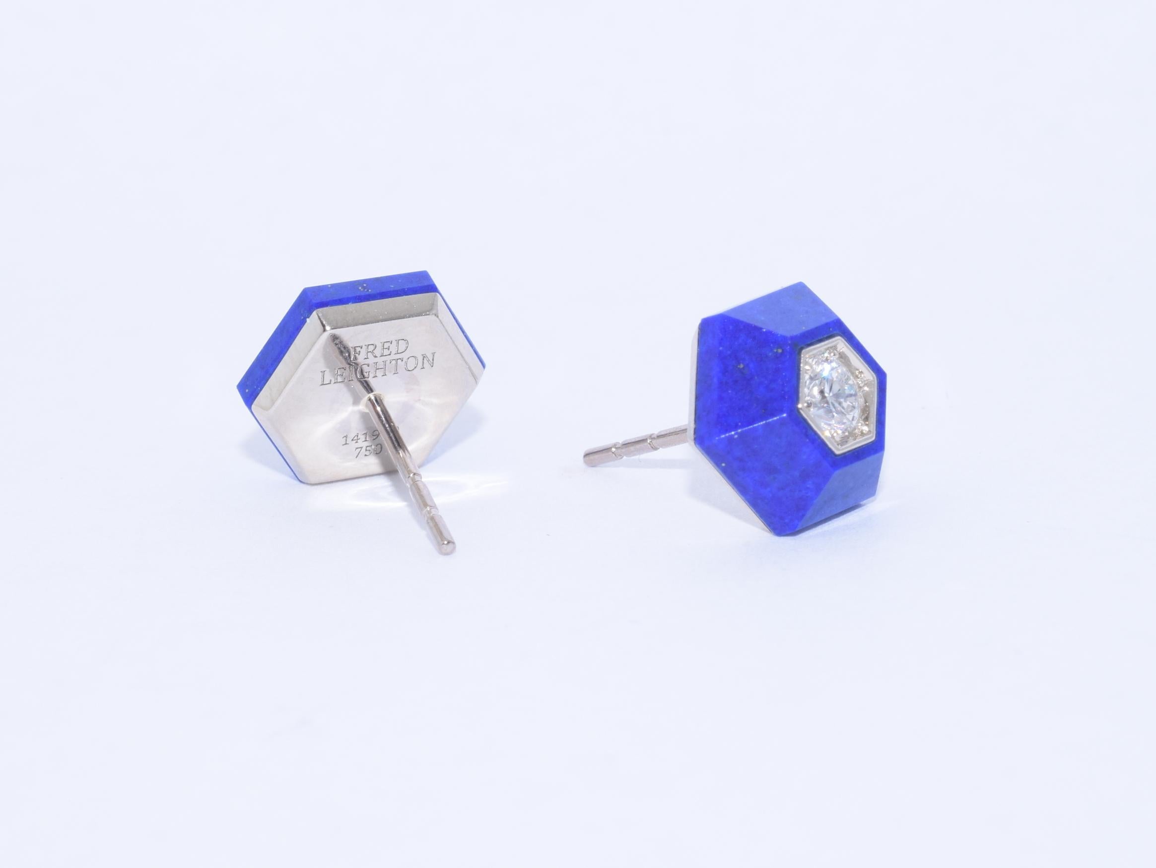 Contemporary Fred Leighton Lapis and Diamond Hexagonal Stud Earrings For Sale