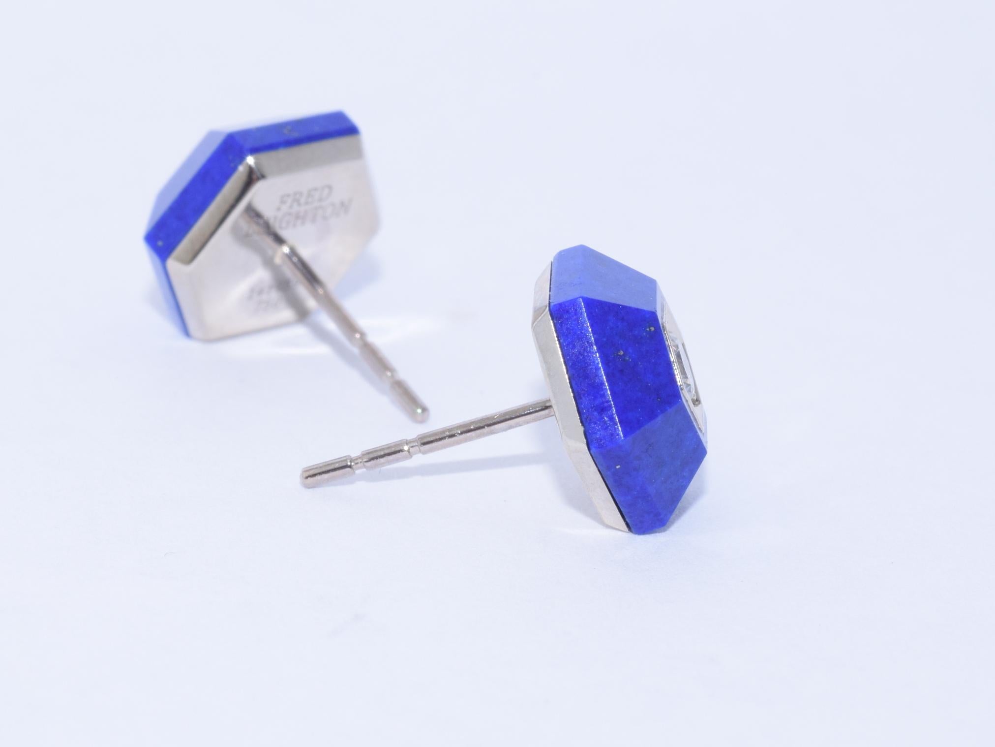 Round Cut Fred Leighton Lapis and Diamond Hexagonal Stud Earrings For Sale
