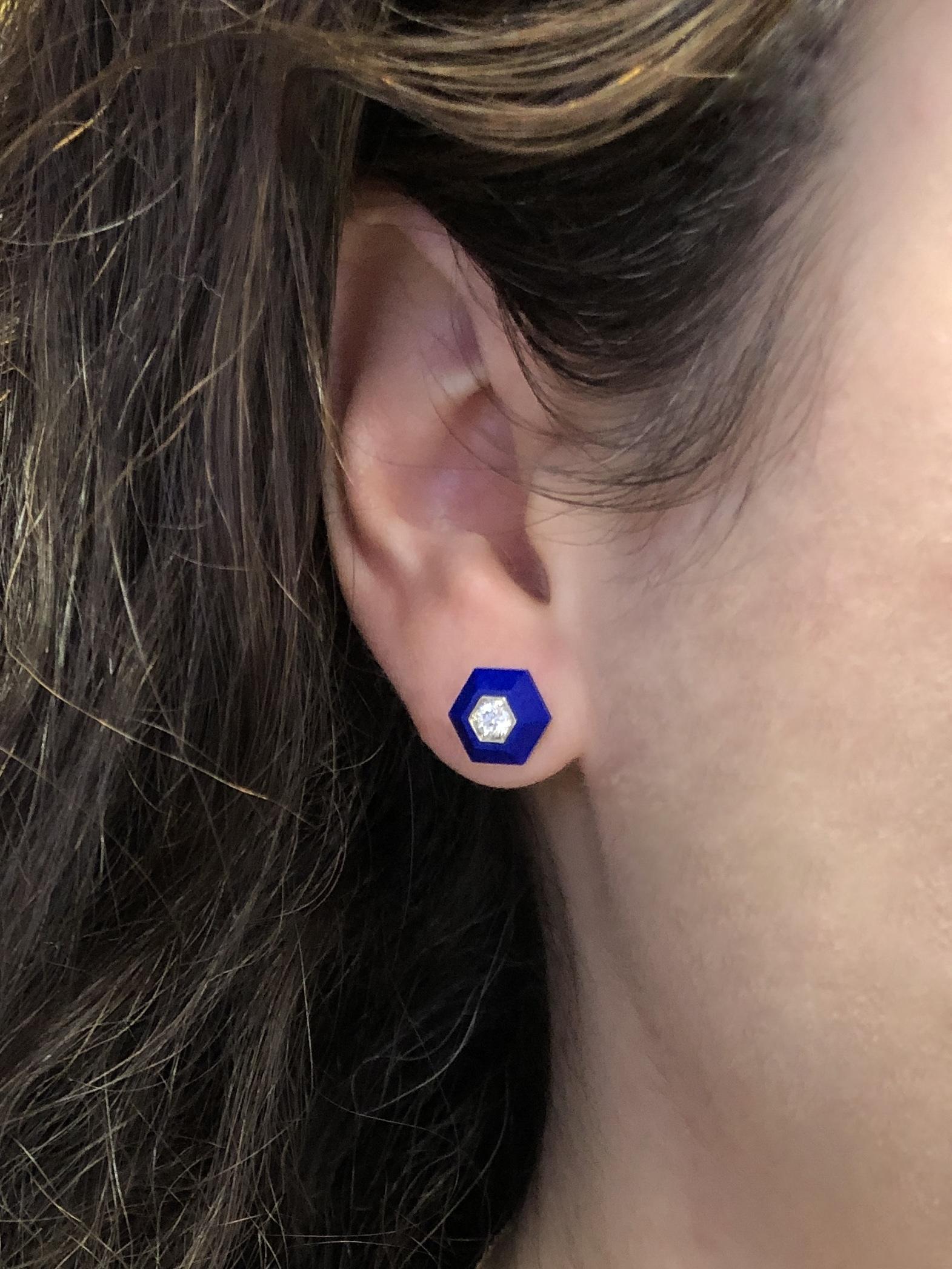 Fred Leighton Lapis and Diamond Hexagonal Stud Earrings In Excellent Condition For Sale In New York, NY