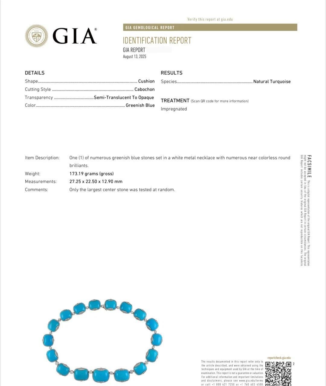 Fred Leighton Naturtürkis und Diamant-Halskette aus 18k Weißgold 

Die Halskette besteht aus 17 Türkis-Cabochons, die in 18-karätigem Weißgold gefasst sind und auf jeder Seite durch runde Diamanten getrennt sind. 

Der Türkis ist natürlich und