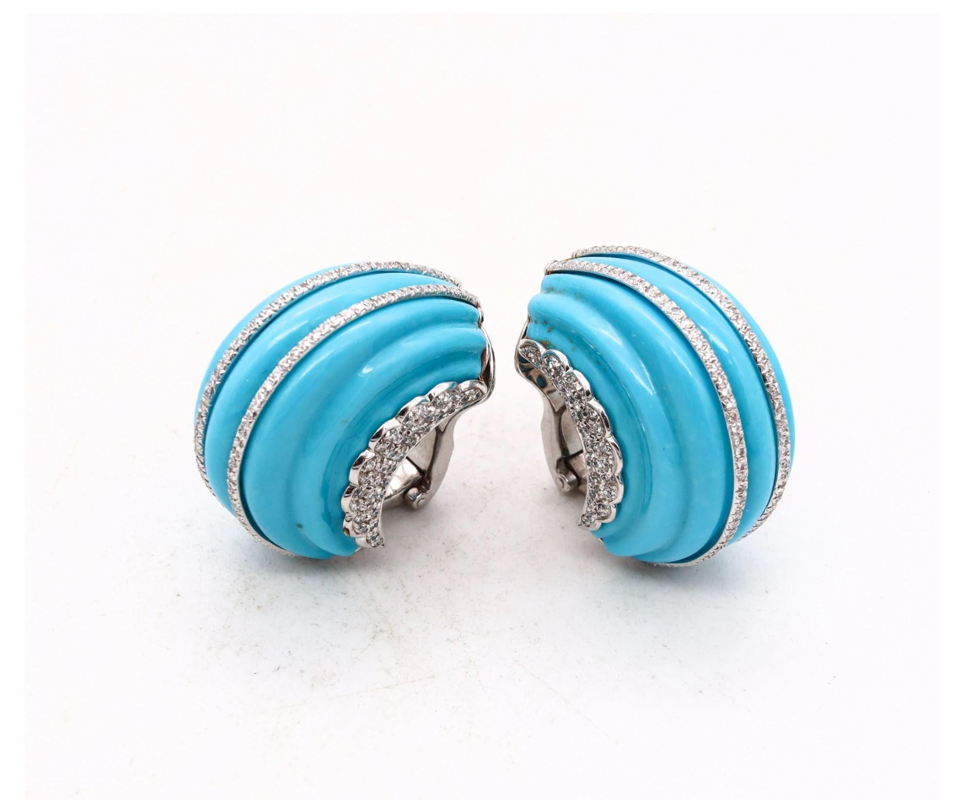 Modernist Fred Leighton New York Platinum Fluted Earrings 2.72Cts Diamonds & Turquoises