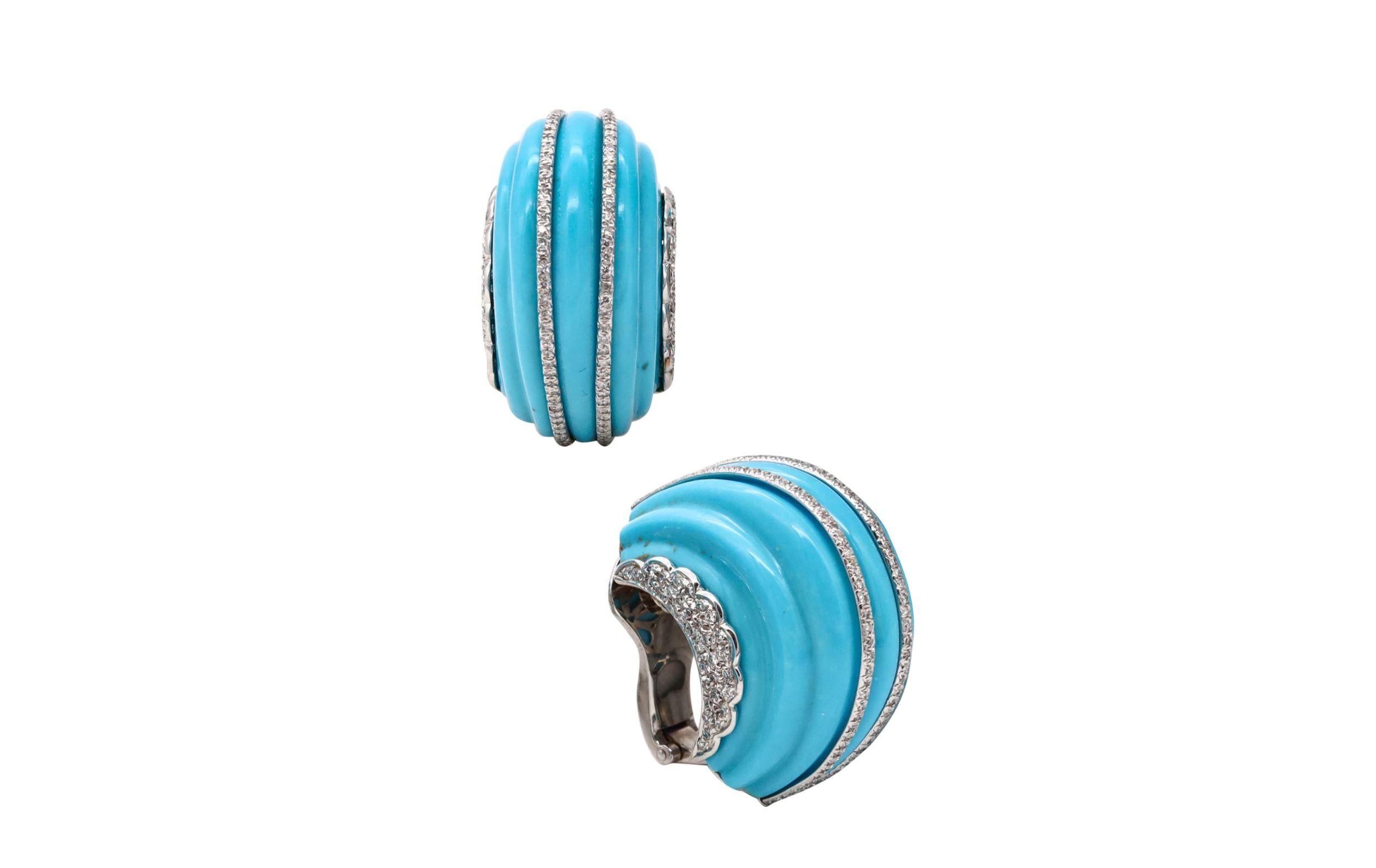 Fred Leighton New York Platinum Fluted Earrings 2.72Cts Diamonds & Turquoises 1