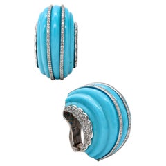 Fred Leighton New York Platinum Fluted Earrings 2.72Cts Diamonds & Turquoises