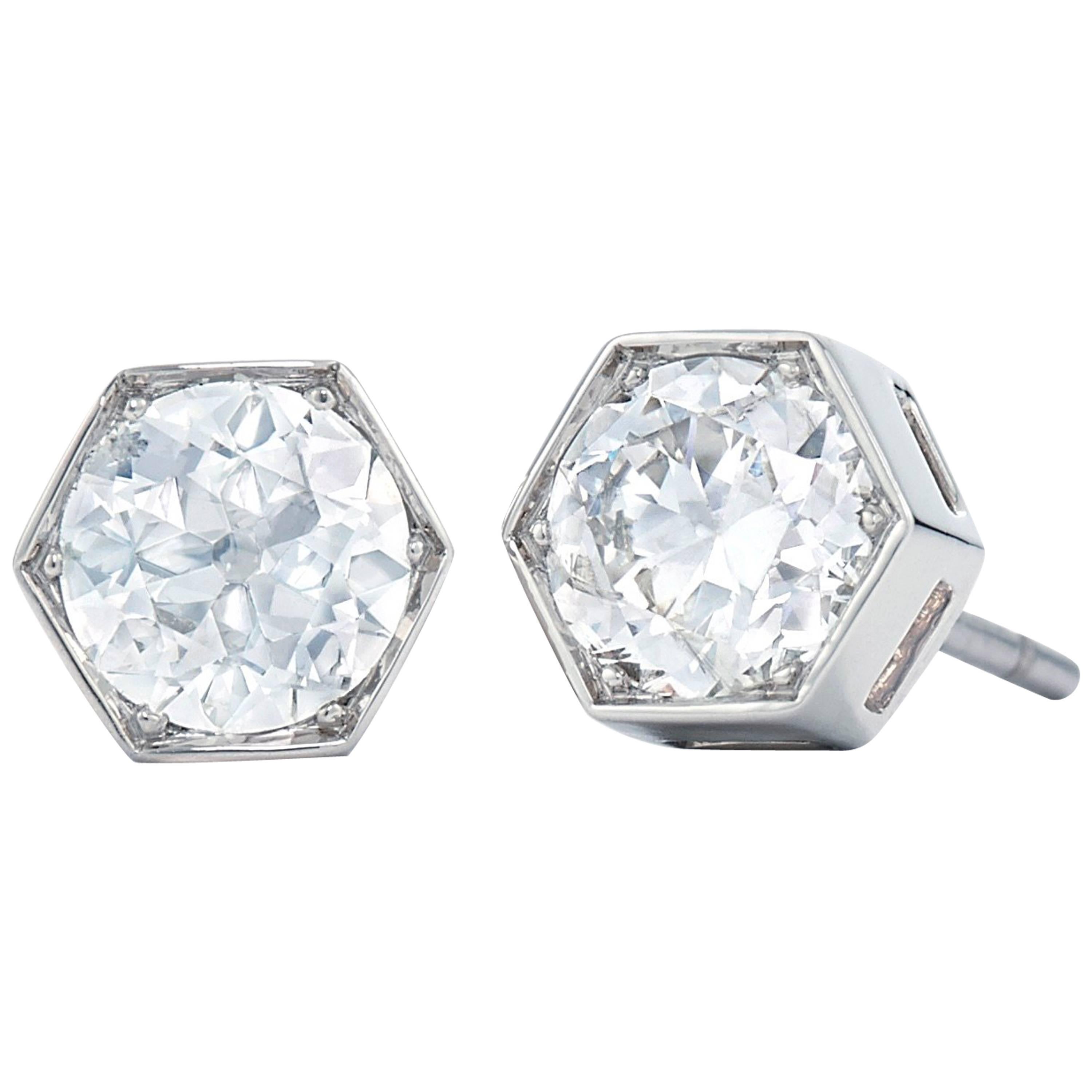 Fred Leighton Old European Cut Diamond Hexagonal Stud Earrings For Sale